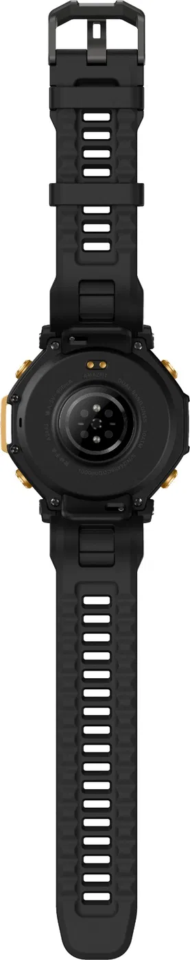 Smartwatch noire, dos vers le haut. Il a un bracelet noir, des accents dorés et un capteur. La boucle est en haut.