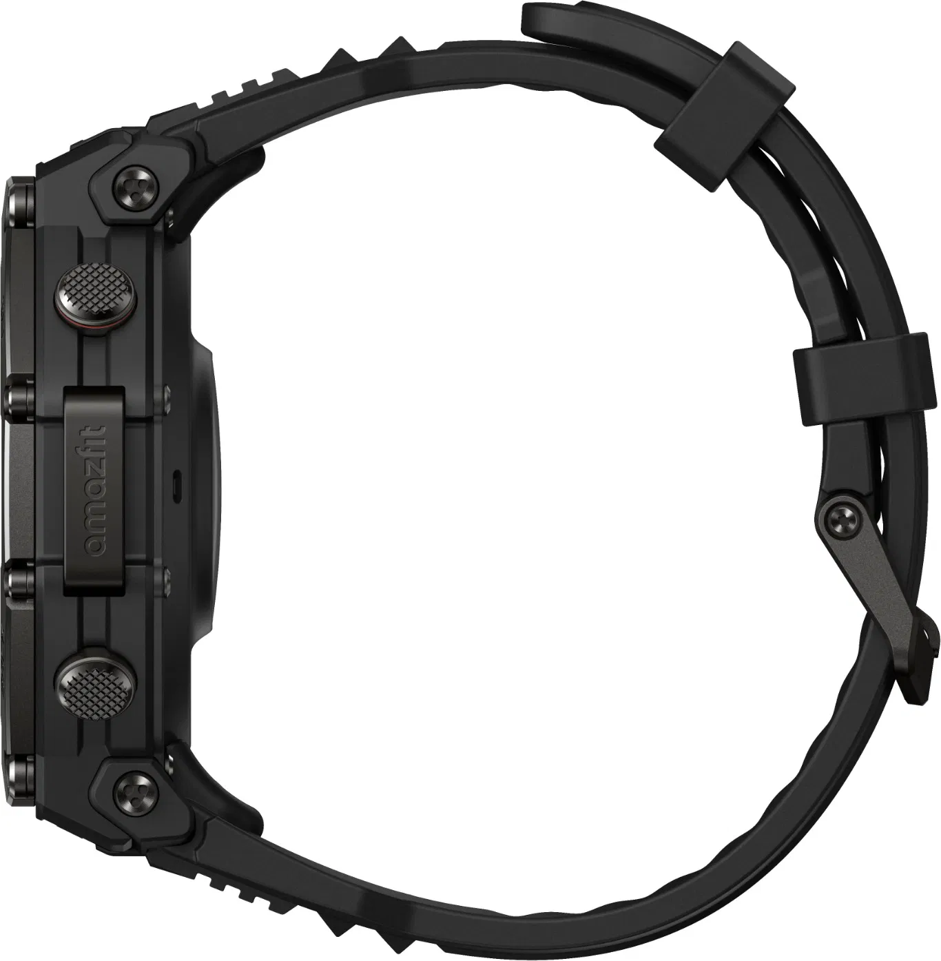Vue latérale d'une montre intelligente Amazfit noire. La montre affiche l'heure et la date. Elle a un bracelet et des boutons noirs. Le fond est blanc.