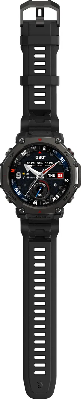 Montre connectée noire avec affichage numérique indiquant l'heure, la date et les mesures de santé. Bracelet noir.