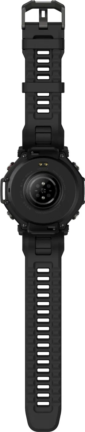 Montre connectée noire avec bracelet texturé, boucle et cadran rond. Le dos montre des capteurs et du texte.