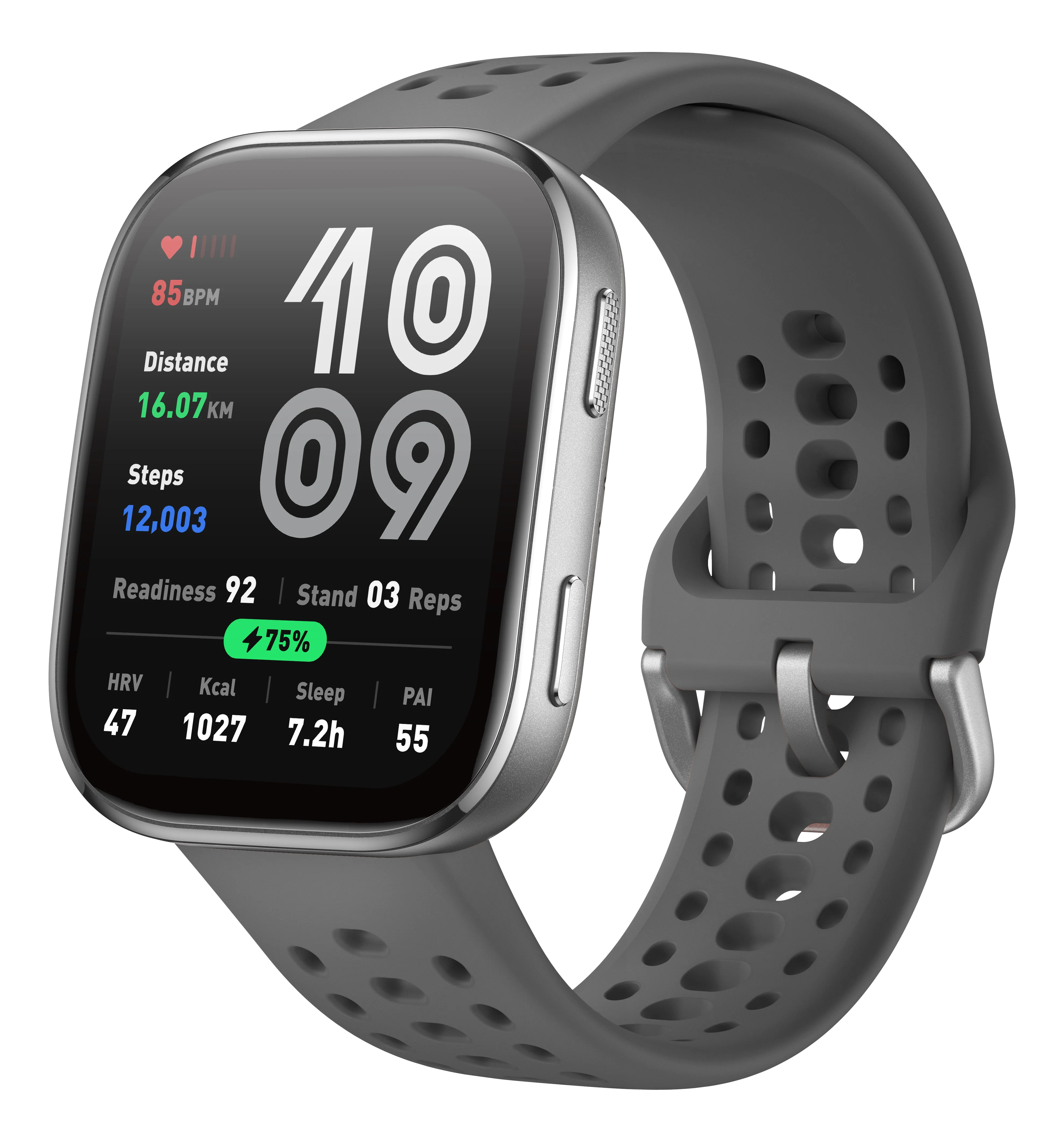 Uno smartwatch mostra dati di fitness, tra cui frequenza cardiaca, distanza, passi e prontezza. Ha un cinturino grigio.