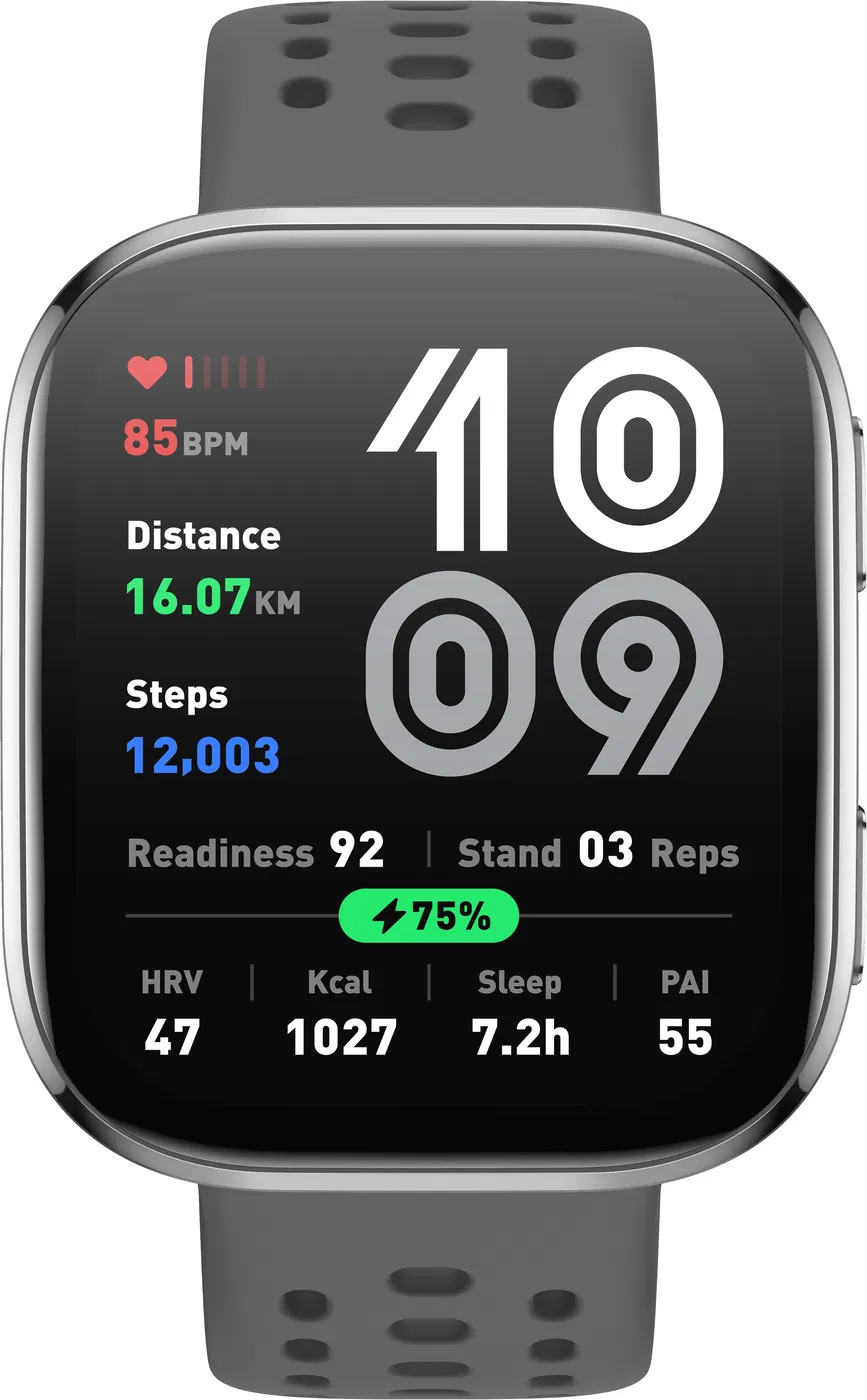 Smartwatch che mostra dati di fitness: frequenza cardiaca 85 bpm, distanza 16,07 km, passi 12.003, prontezza 92 e altre metriche di salute.