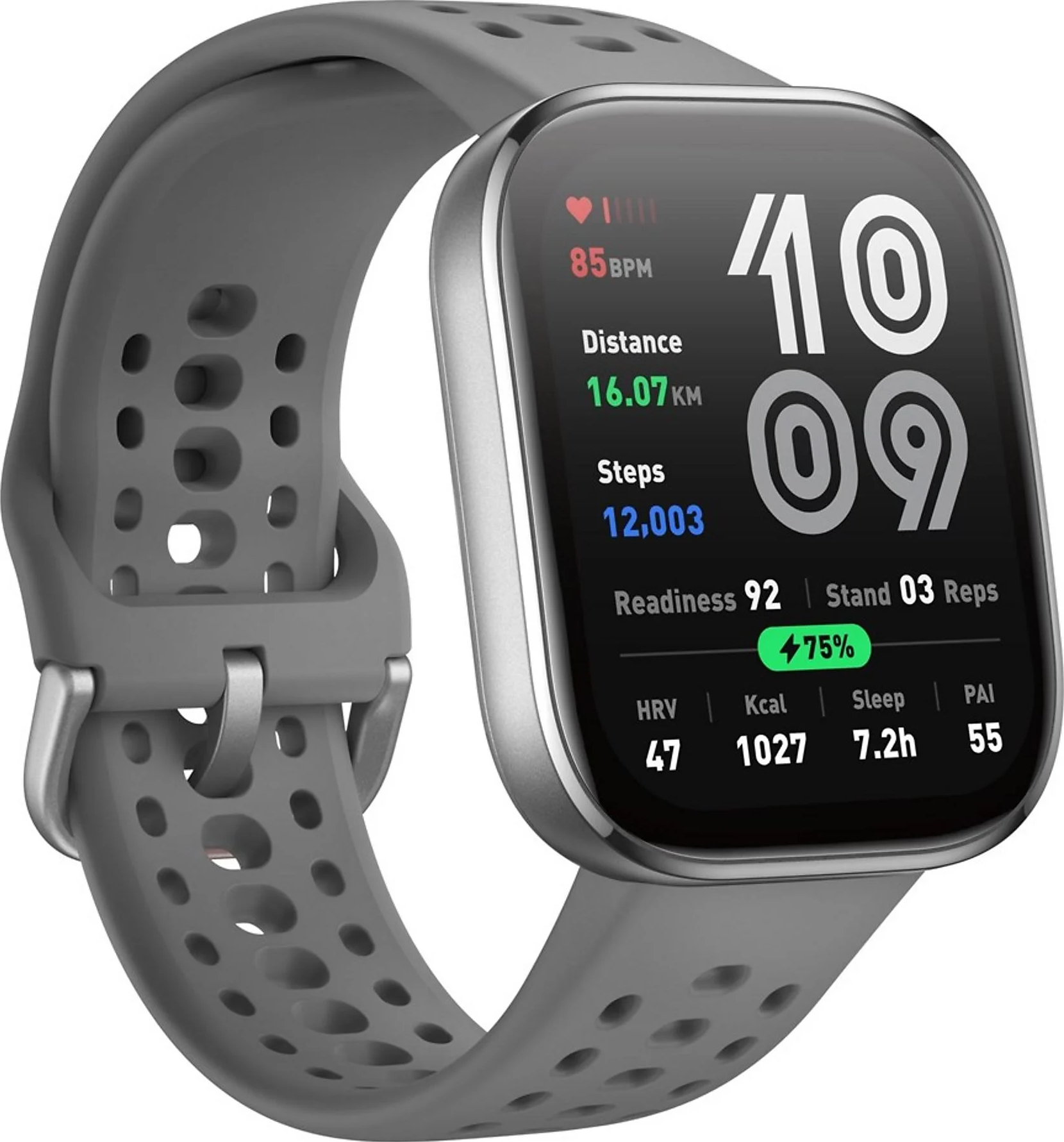 Uno smartwatch grigio mostra ora, metriche di salute e dati sulla frequenza cardiaca. Il cinturino è grigio e lo schermo mostra numeri e icone.