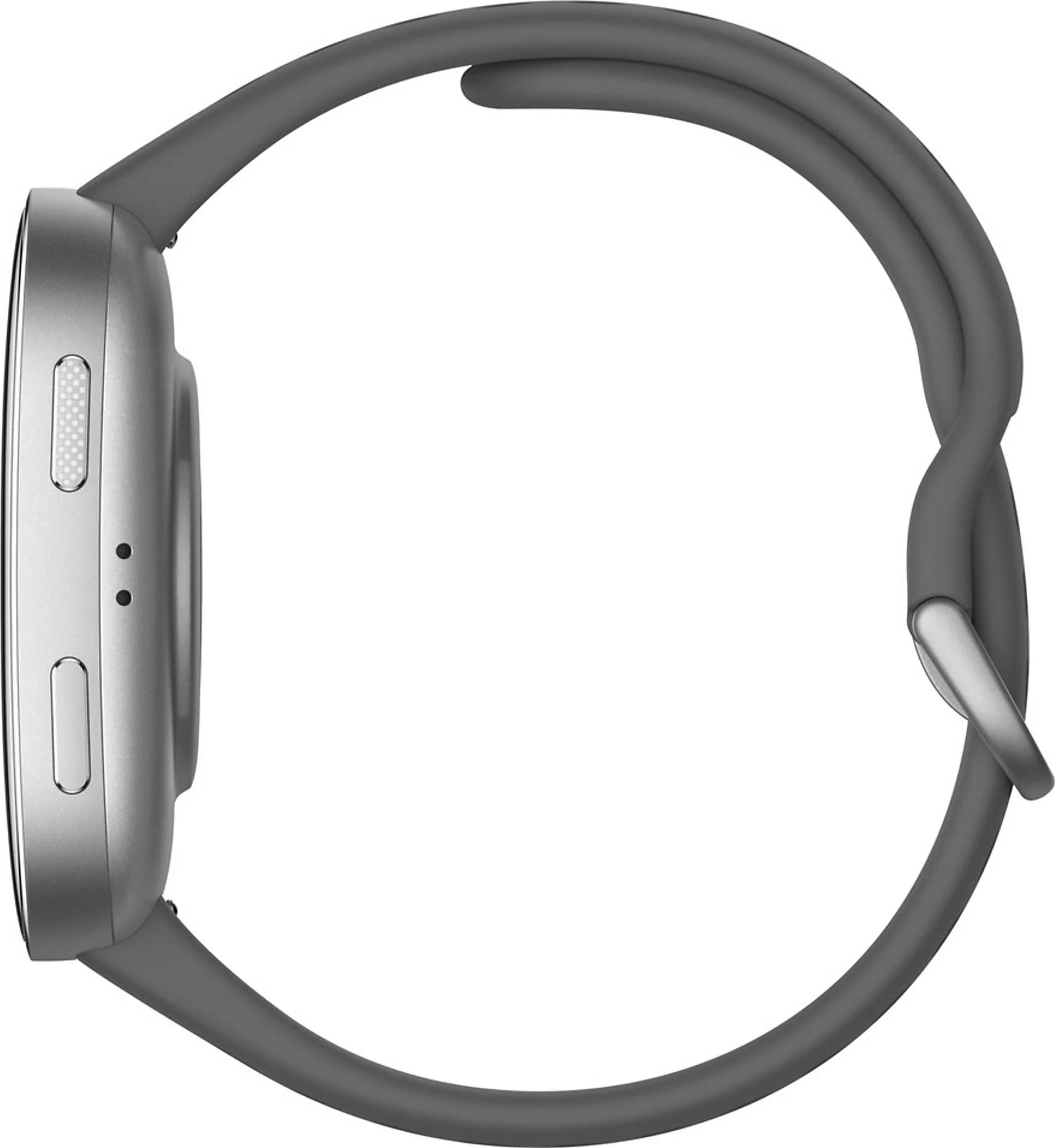 Vista laterale di uno smartwatch argento con cinturino grigio. Il cinturino circonda il quadrante.