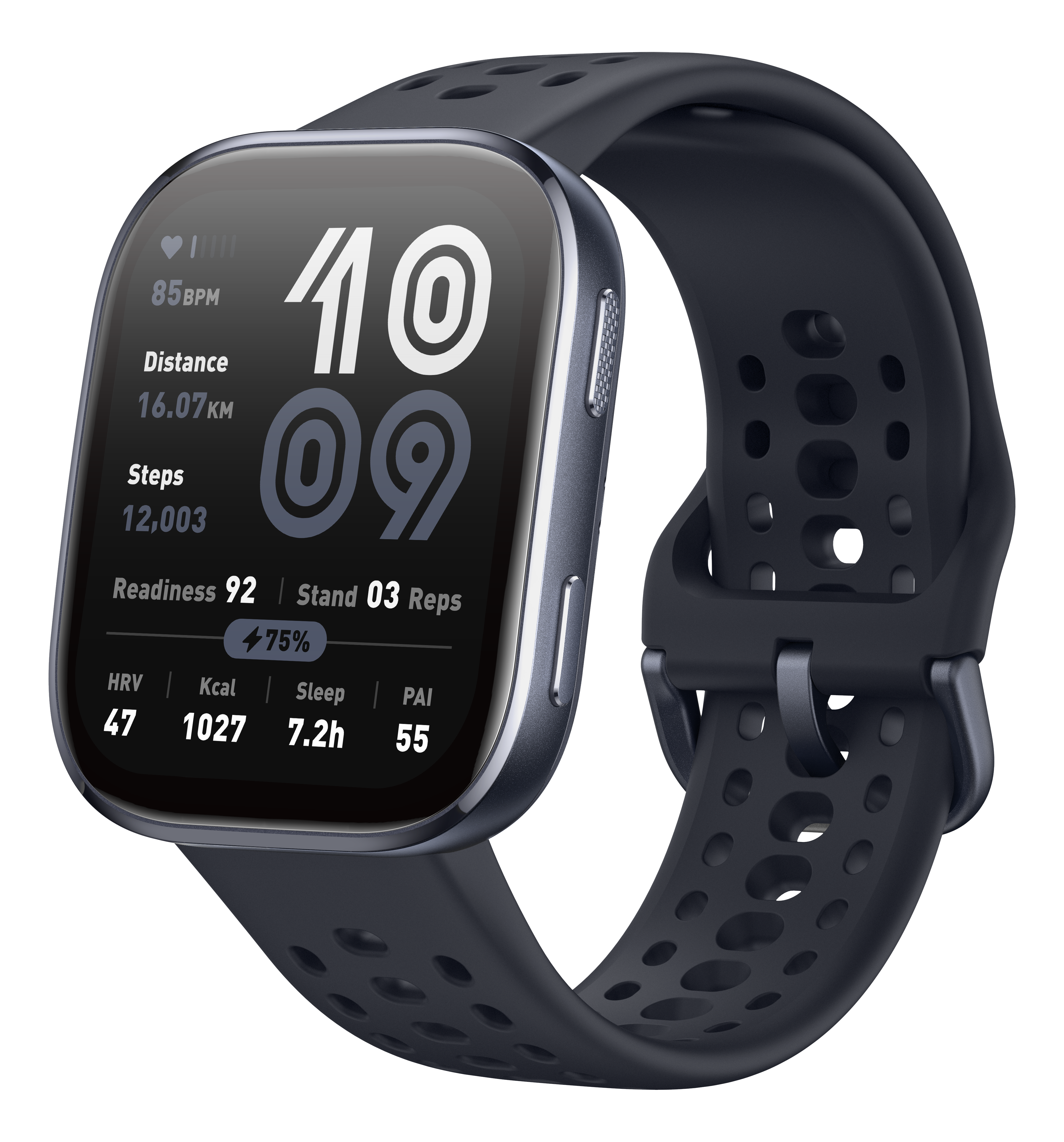 Eine Smartwatch zeigt Gesundheitsdaten an. Sie hat ein dunkles Band. Das Zifferblatt zeigt Zeit, Herzfrequenz und Schritte.