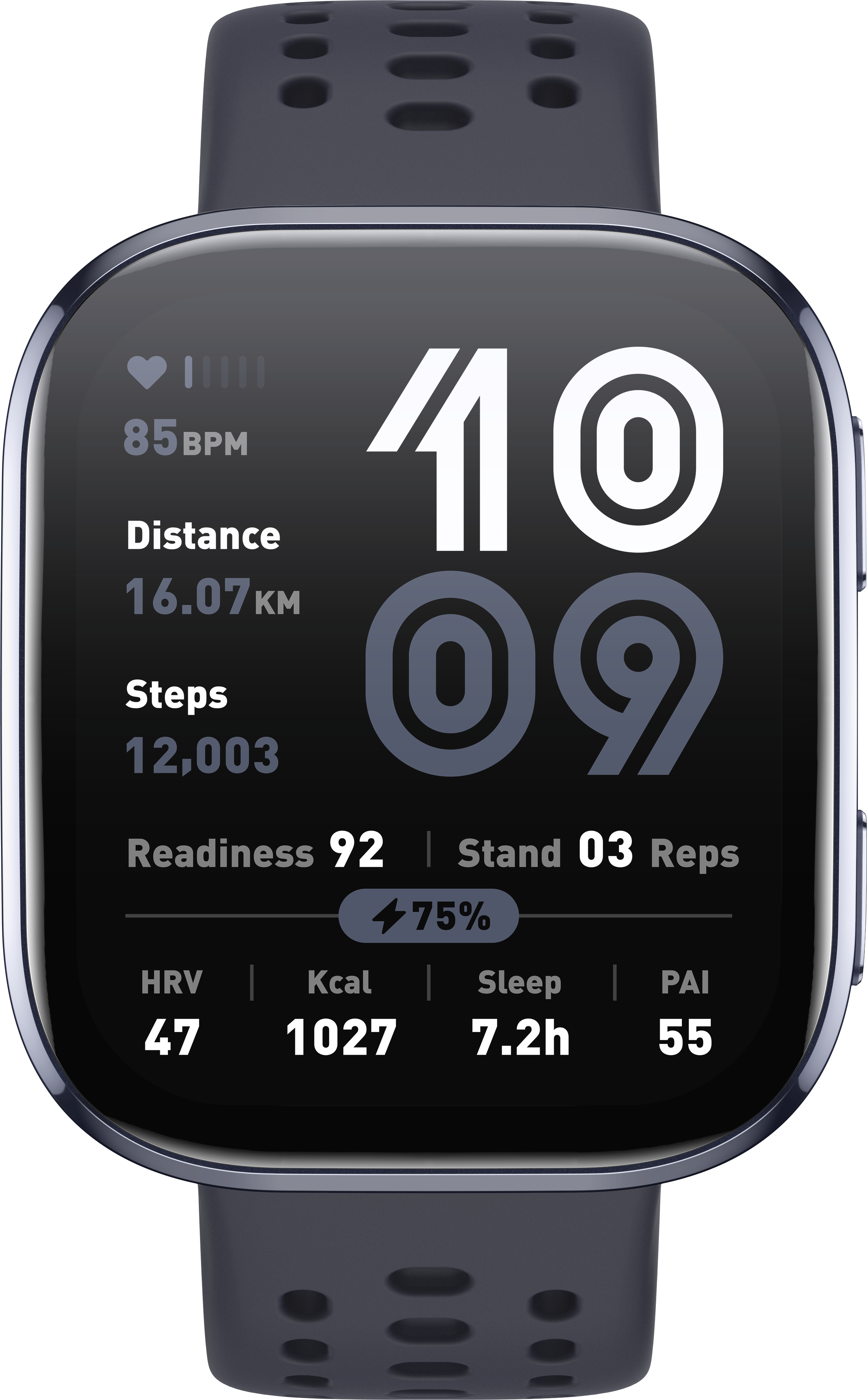 Smartwatch mit Fitnessdaten: Herzfrequenz, Distanz, Schritte, Bereitschaft, Kalorien, Schlaf und PAI.