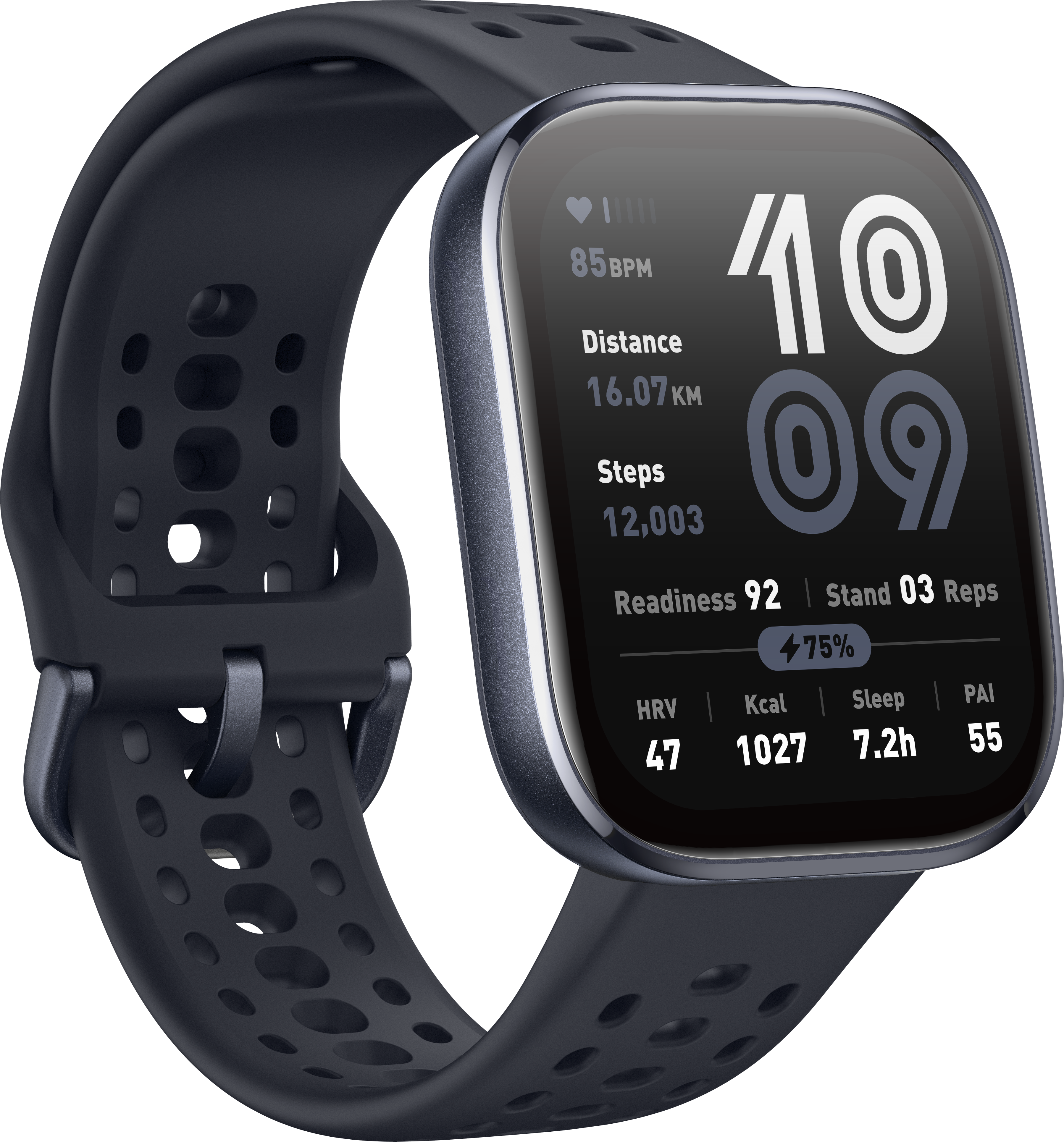 Dunkle Smartwatch mit Gesundheitsdaten. Zeigt Zeit, Herzfrequenz, Distanz, Schritte und Bereitschaftsprozentsatz.