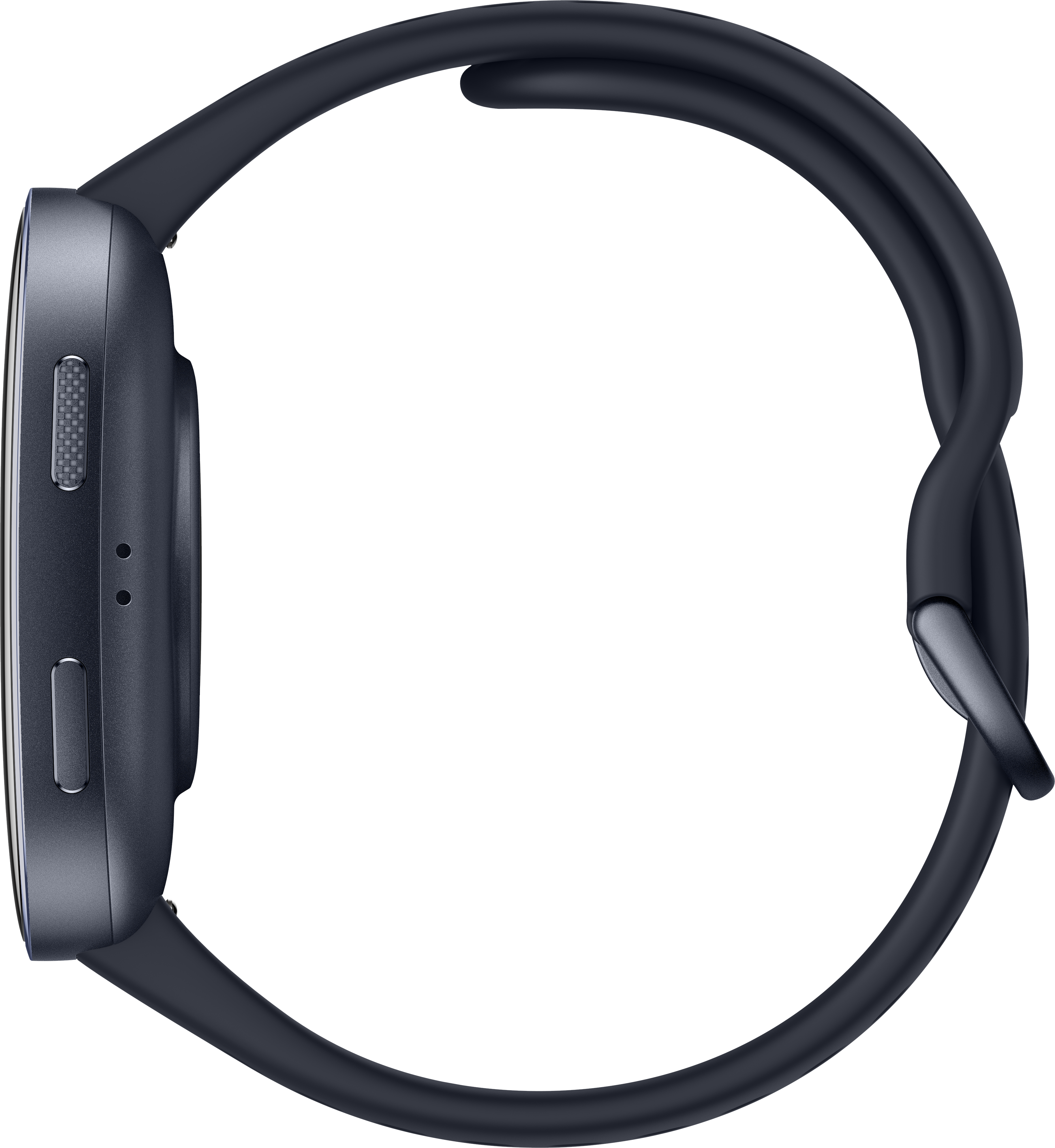 Eine Seitenansicht einer dunkelblauen Smartwatch mit passendem Armband vor einem schwarzen Hintergrund.