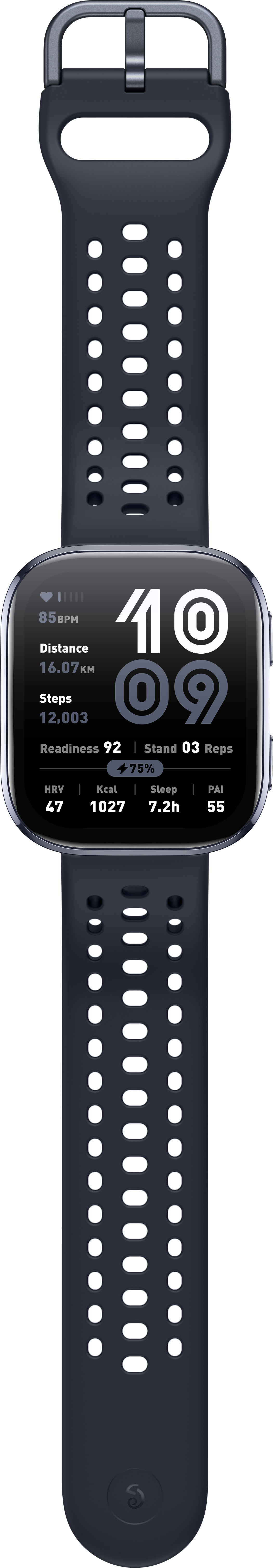 Eine Smartwatch zeigt 10:09 Uhr, 12.003 Schritte, 16,07 km Entfernung, 85 BPM und 75 % Akku auf einem dunklen Band an.