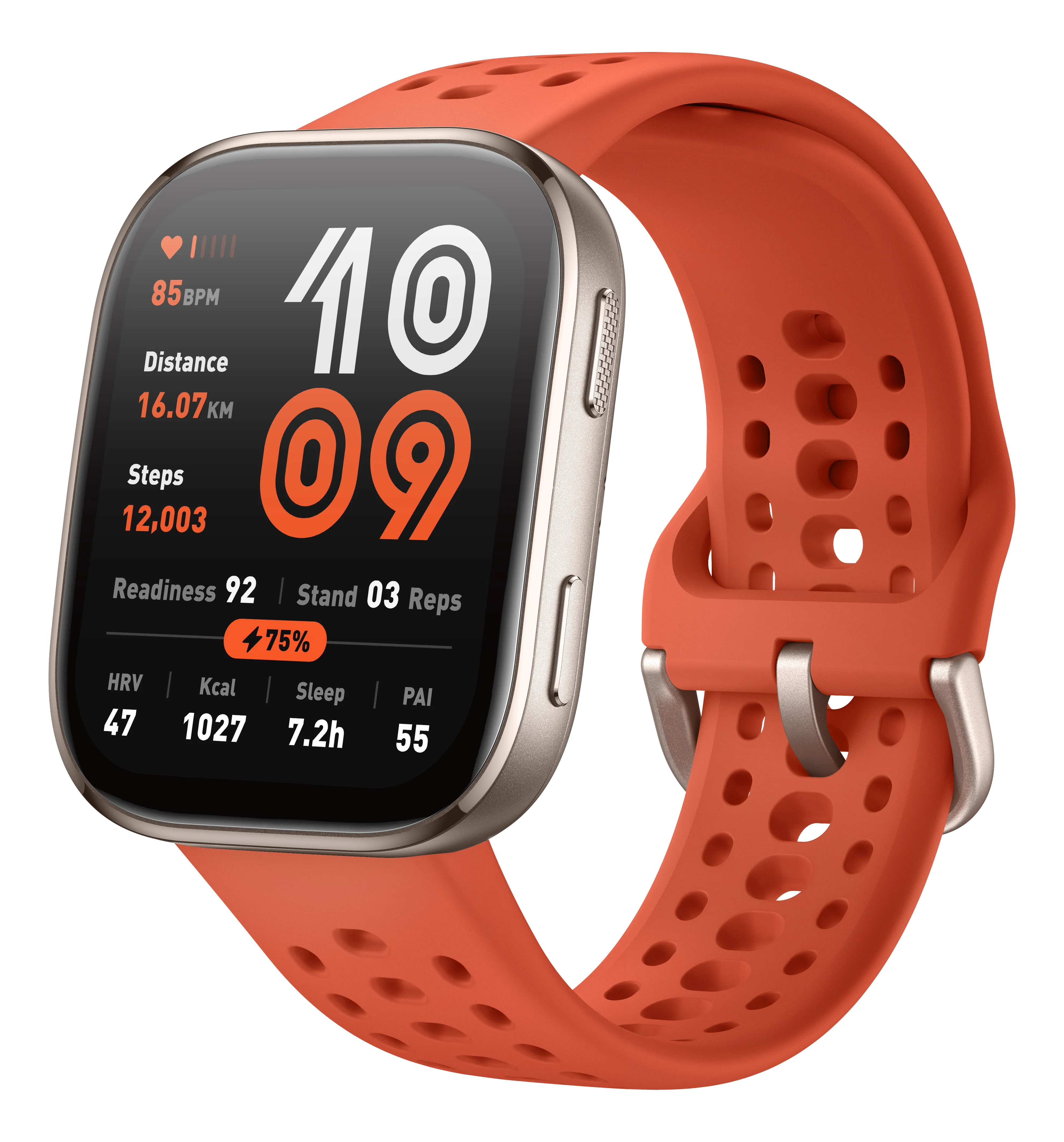 Smartwatch mit orangefarbenem Armband. Anzeige zeigt Zeit, Herzfrequenz, Distanz, Schritte und Gesundheitsmetriken. Schwarzer Hintergrund.