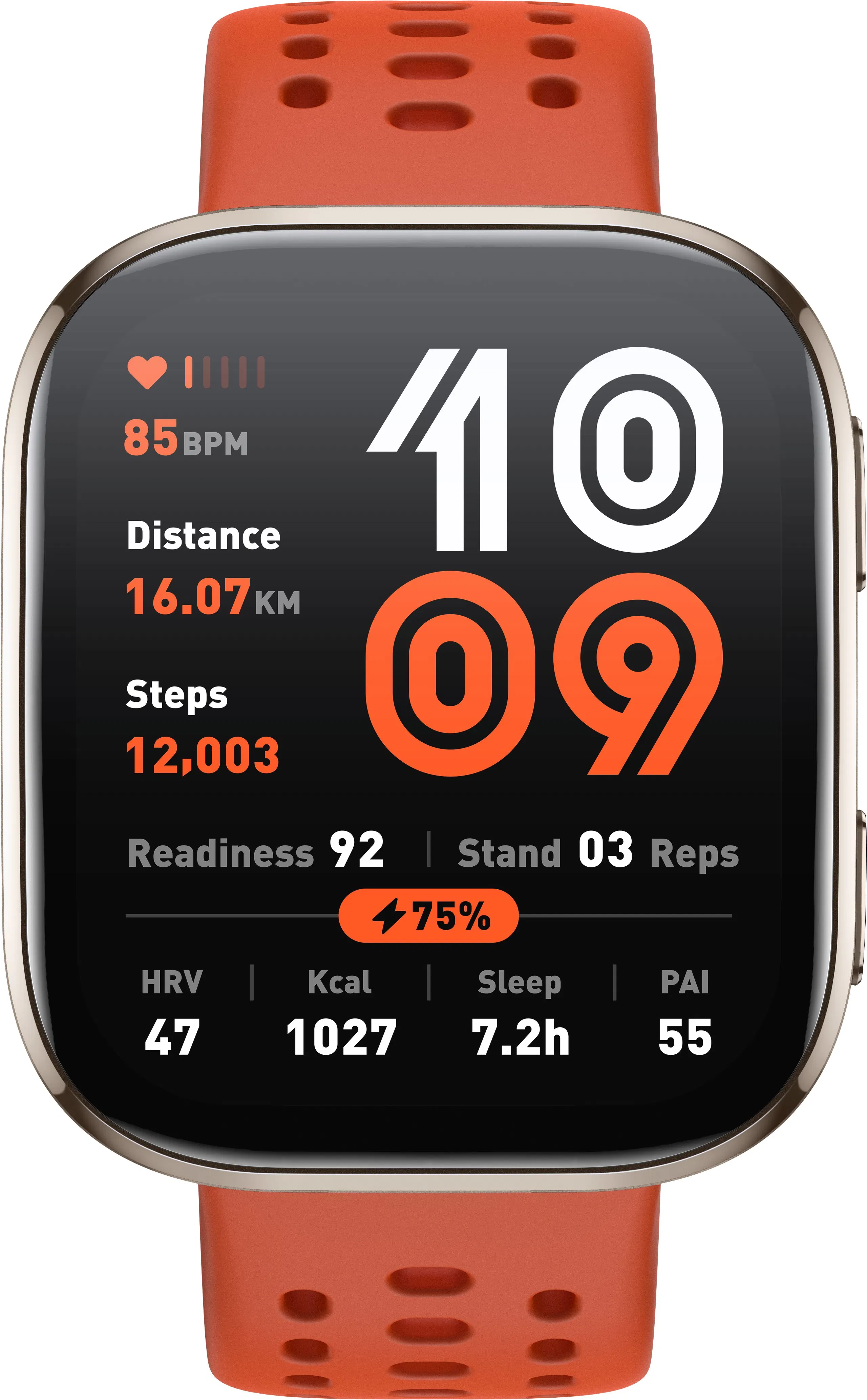 Smartwatch mit orangefarbenem Armband zeigt Statistiken: BPM, Distanz, Schritte, Bereitschaft, Stand, Wiederholungen, HRV, kcal, Schlaf und PAI.