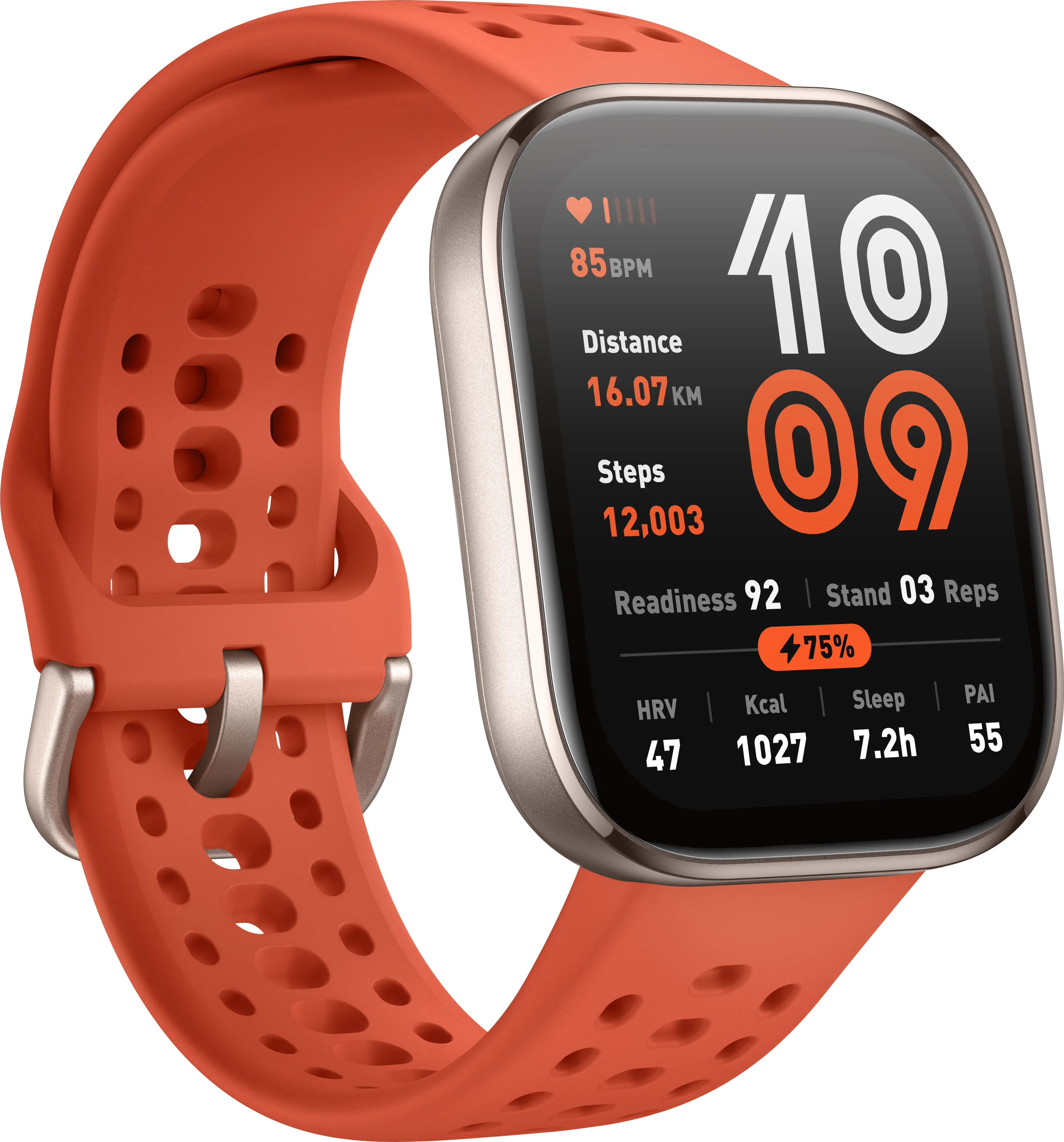 Eine orangefarbene Smartwatch zeigt Gesundheitsmetriken an. Das Armband ist orange. Der Bildschirm zeigt Zeit, Herzfrequenz und Schritte.
