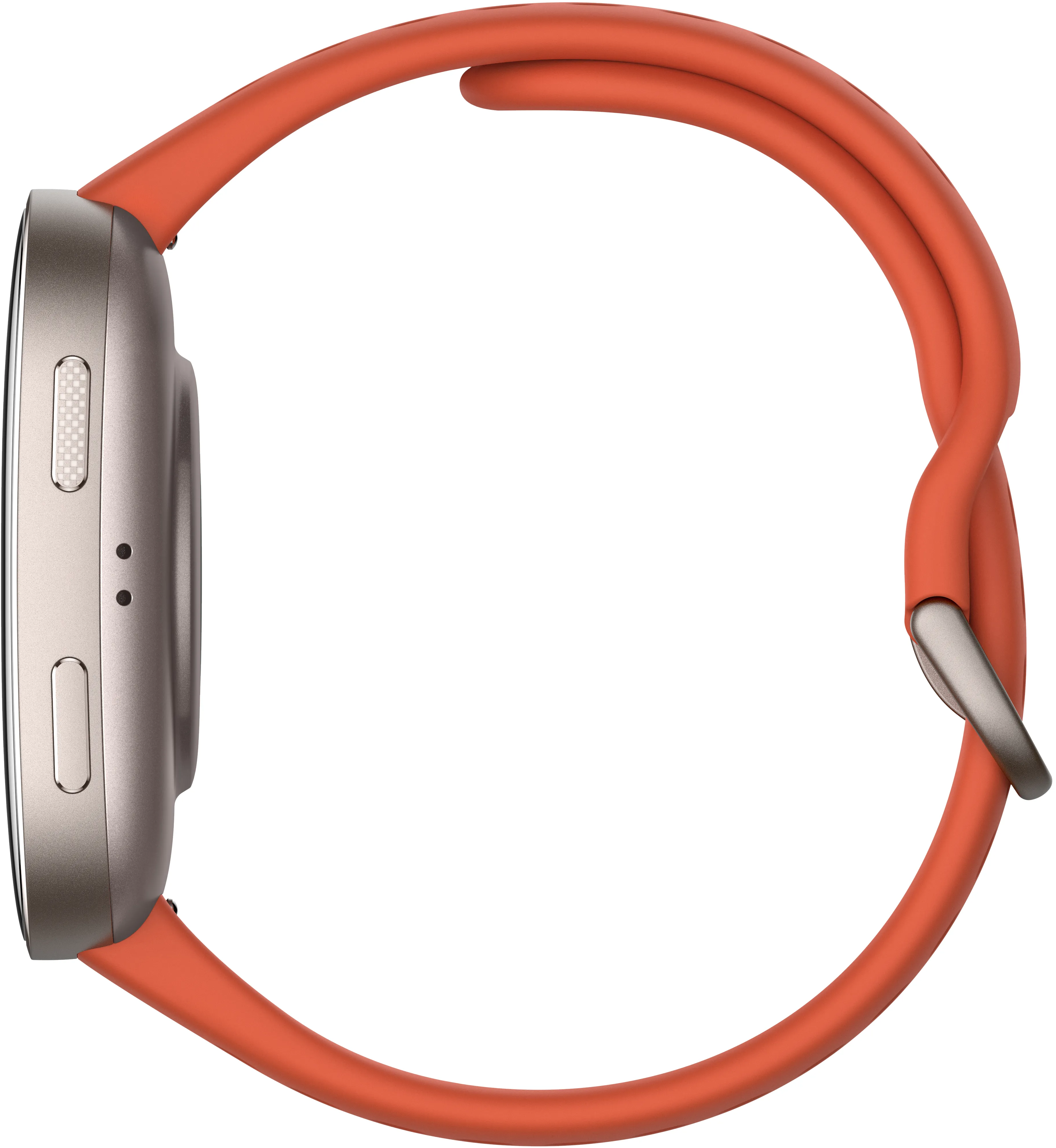 Eine Smartwatch mit silbernem Gehäuse und orangefarbenem Armband wird vor weißem Hintergrund gezeigt.
