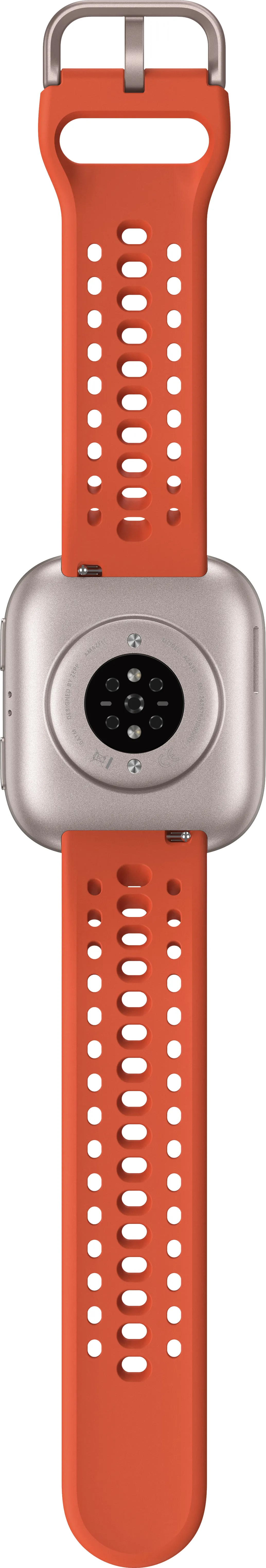 Eine Smartwatch mit orangefarbenen Armbändern und einem silbernen Gehäuse. Die Uhr hat einen schwarzen Sensorbereich auf der Rückseite.