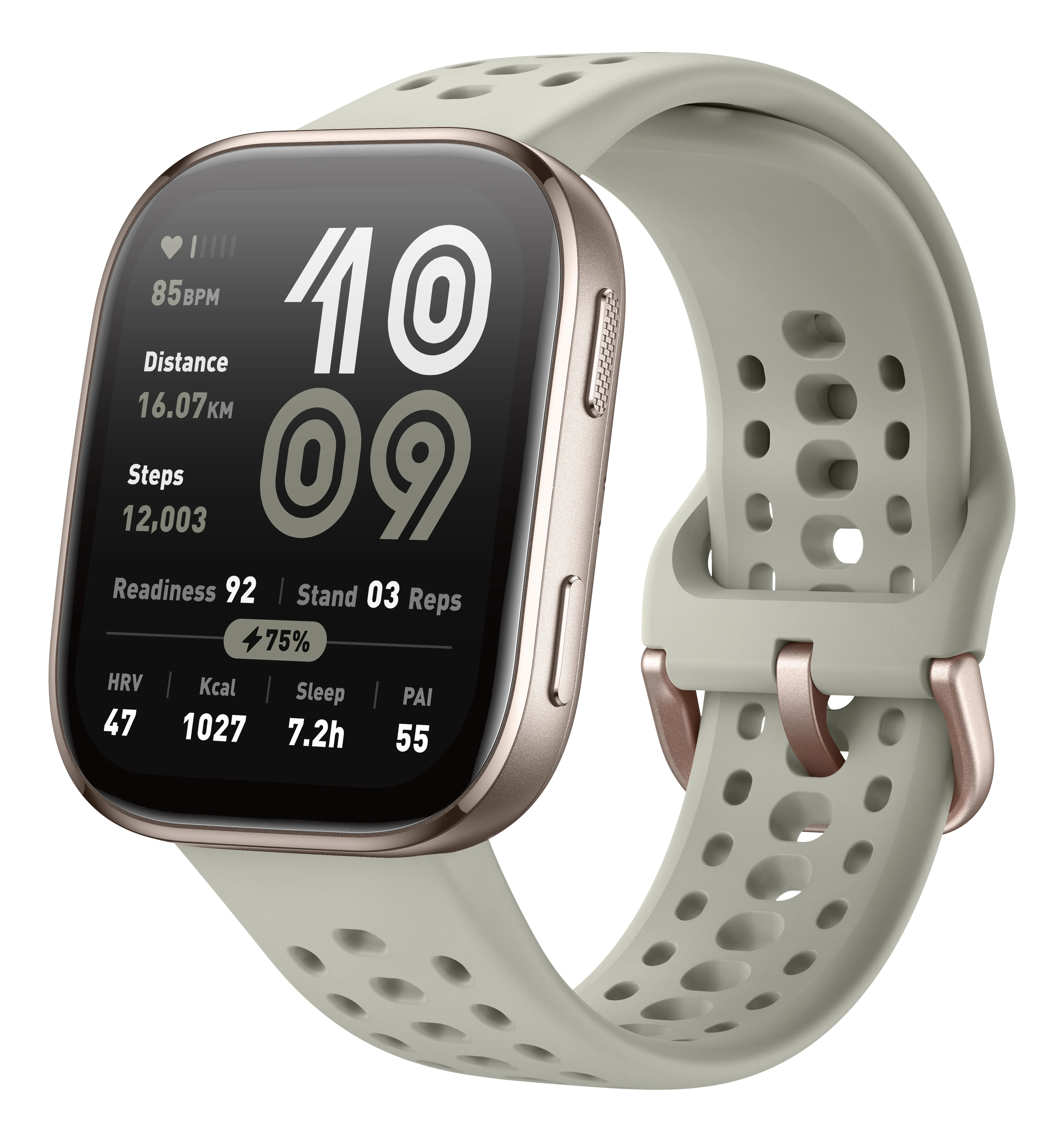 Eine Smartwatch mit Gesundheitsmetriken wie Herzfrequenz, Distanz, Schritte und Schlafzeit. Die Uhr hat ein hellgraues Band.