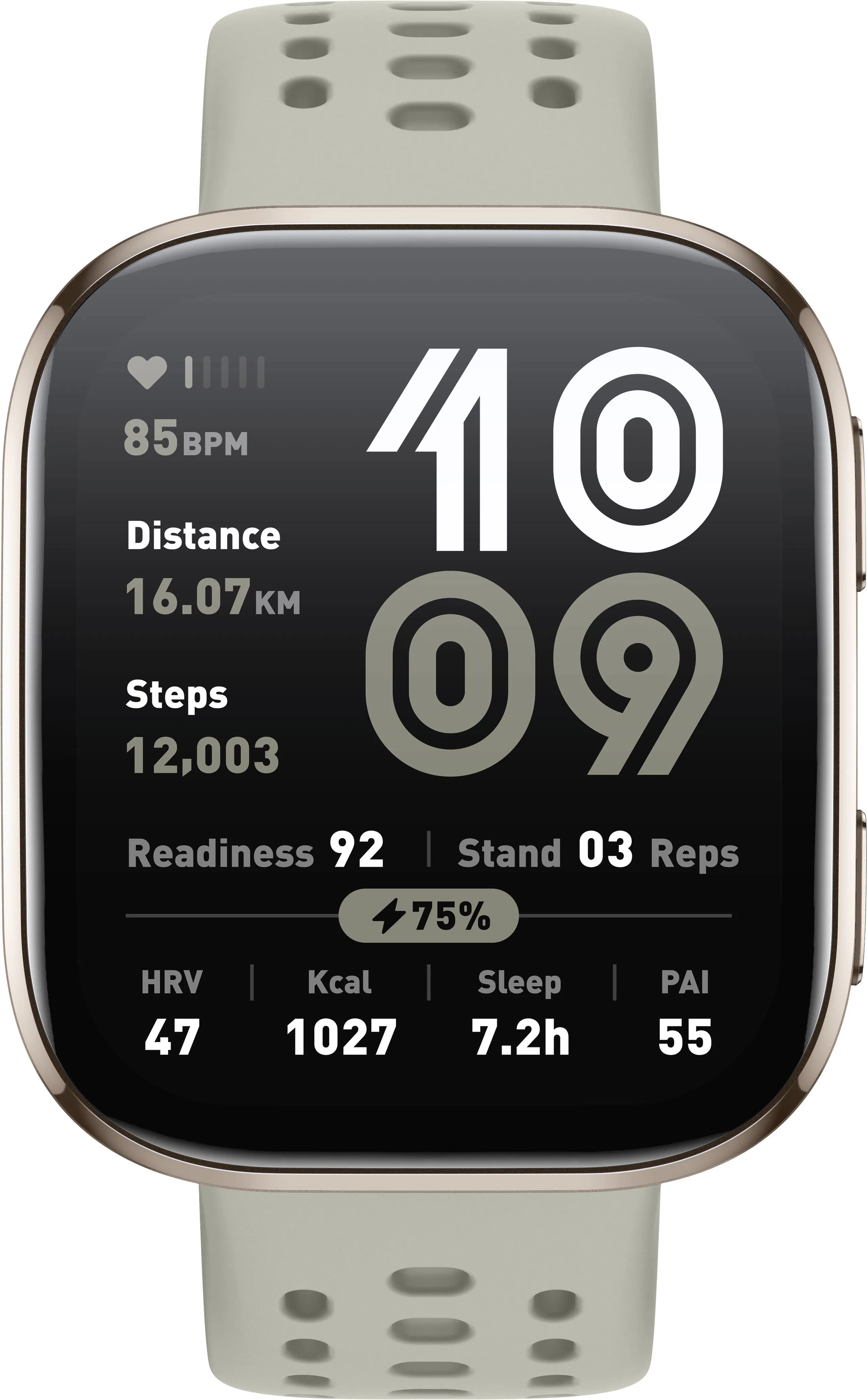 Eine Smartwatch zeigt Fitnessdaten an, darunter Herzfrequenz, Distanz, Schritte, Bereitschaft und andere Gesundheitsmetriken.