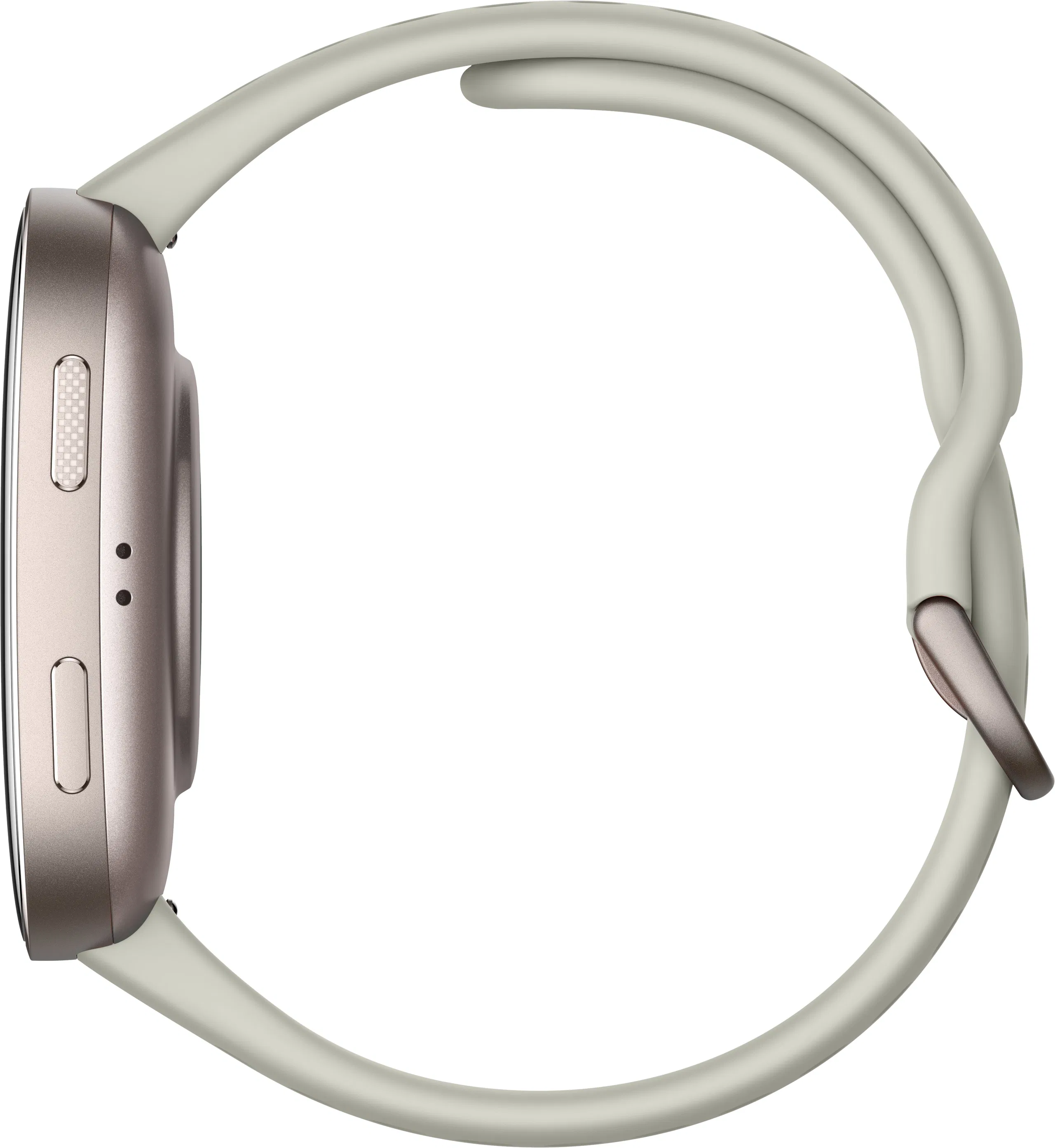 Seitenansicht einer Smartwatch mit hellgrauem Armband und goldfarbenem Zifferblatt. Der Hintergrund ist weiß.