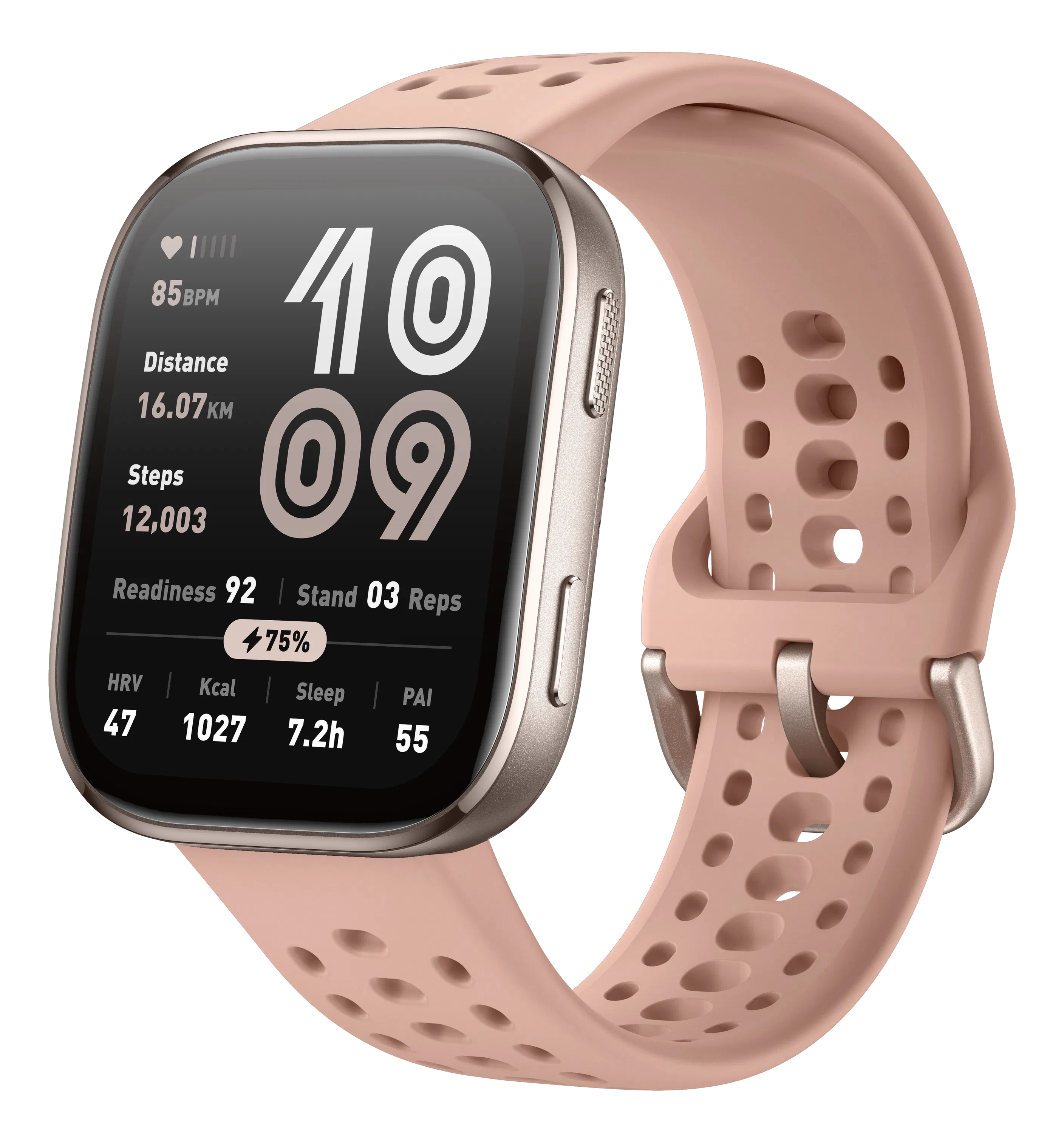 Uno smartwatch oro rosa con display che mostra frequenza cardiaca, distanza, passi e preparazione. Cinturino rosa.