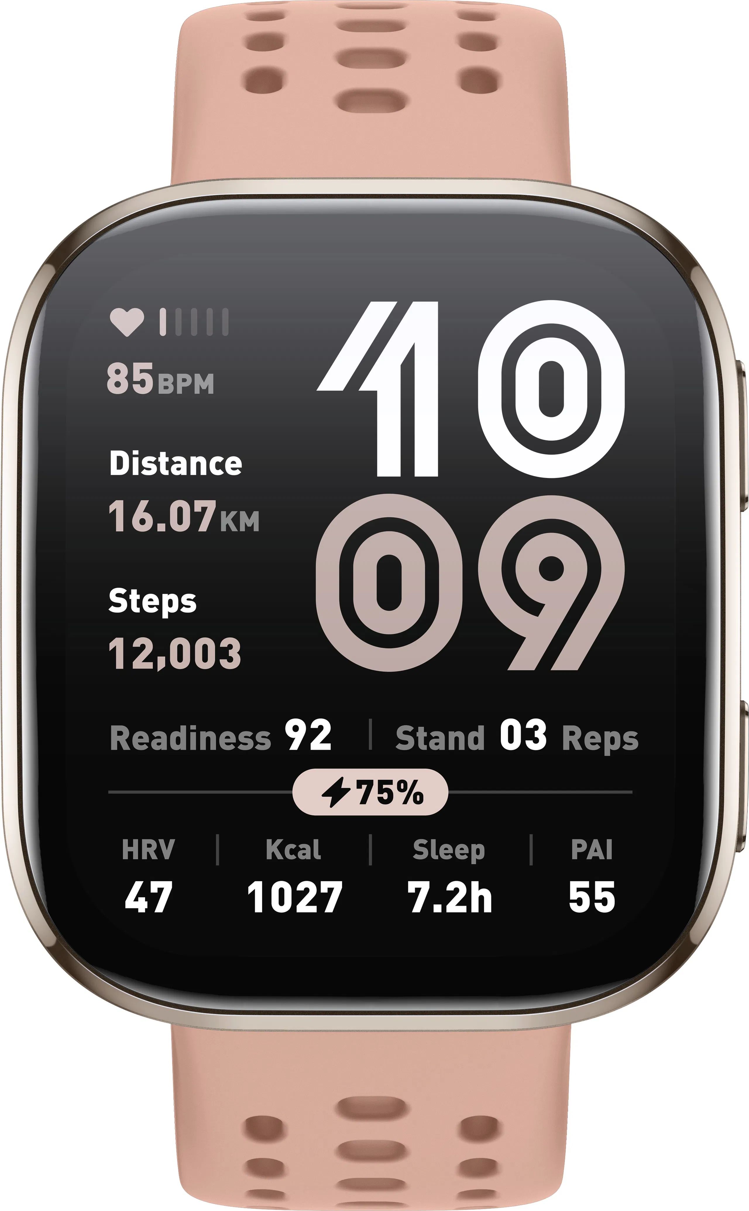 Uno smartwatch mostra dati di fitness, tra cui frequenza cardiaca, distanza, passi, prontezza e durata del sonno.