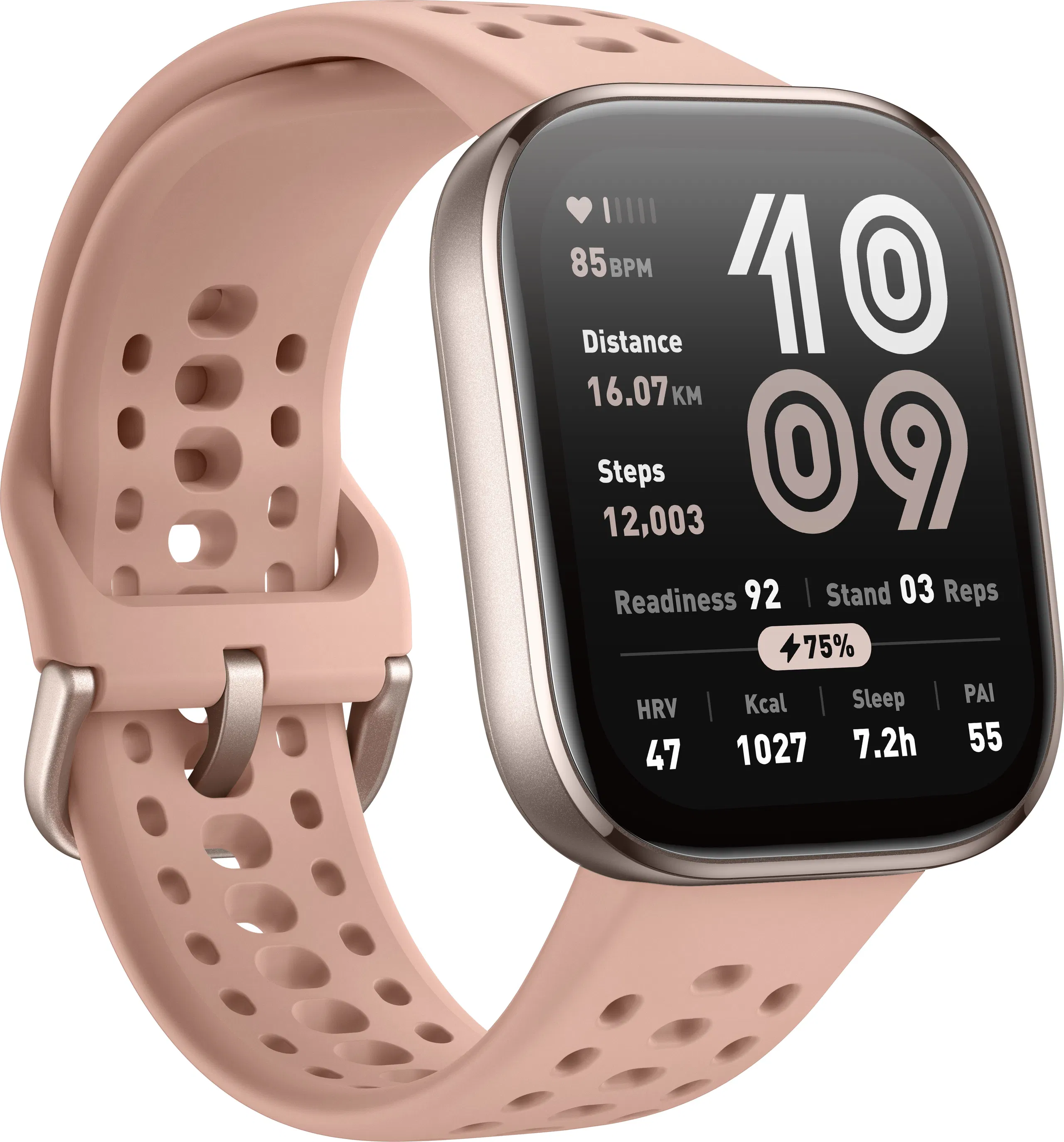 Uno smartwatch rosa mostra metriche di salute: frequenza cardiaca, distanza, passi, prontezza, calorie, sonno e PAI.