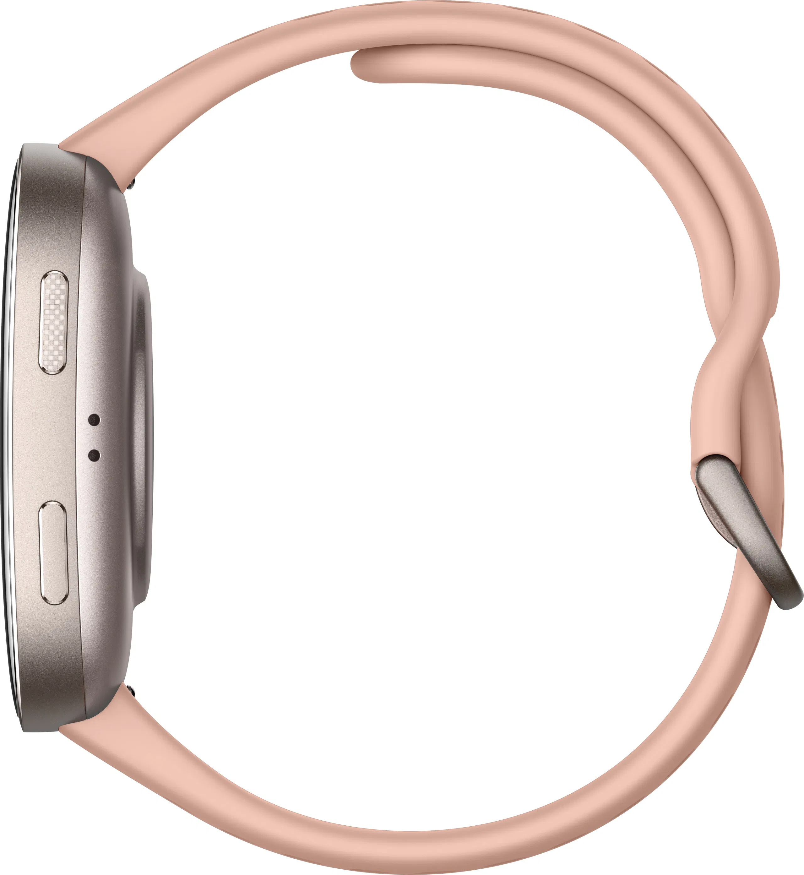 Vista laterale di uno smartwatch con cassa oro rosa e cinturino rosa abbinato, su sfondo bianco.