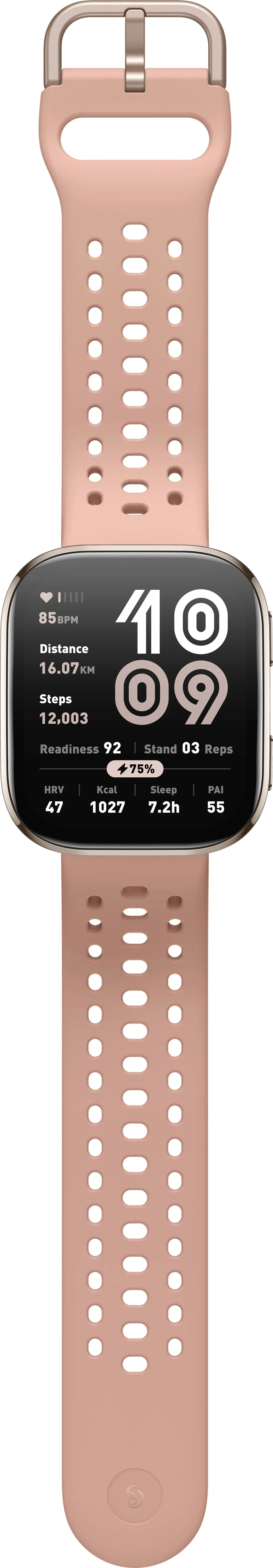 Smartwatch rosa che mostra i dati sanitari. Anche il cinturino è rosa e ha perforazioni ovali. Fibbia dorata.