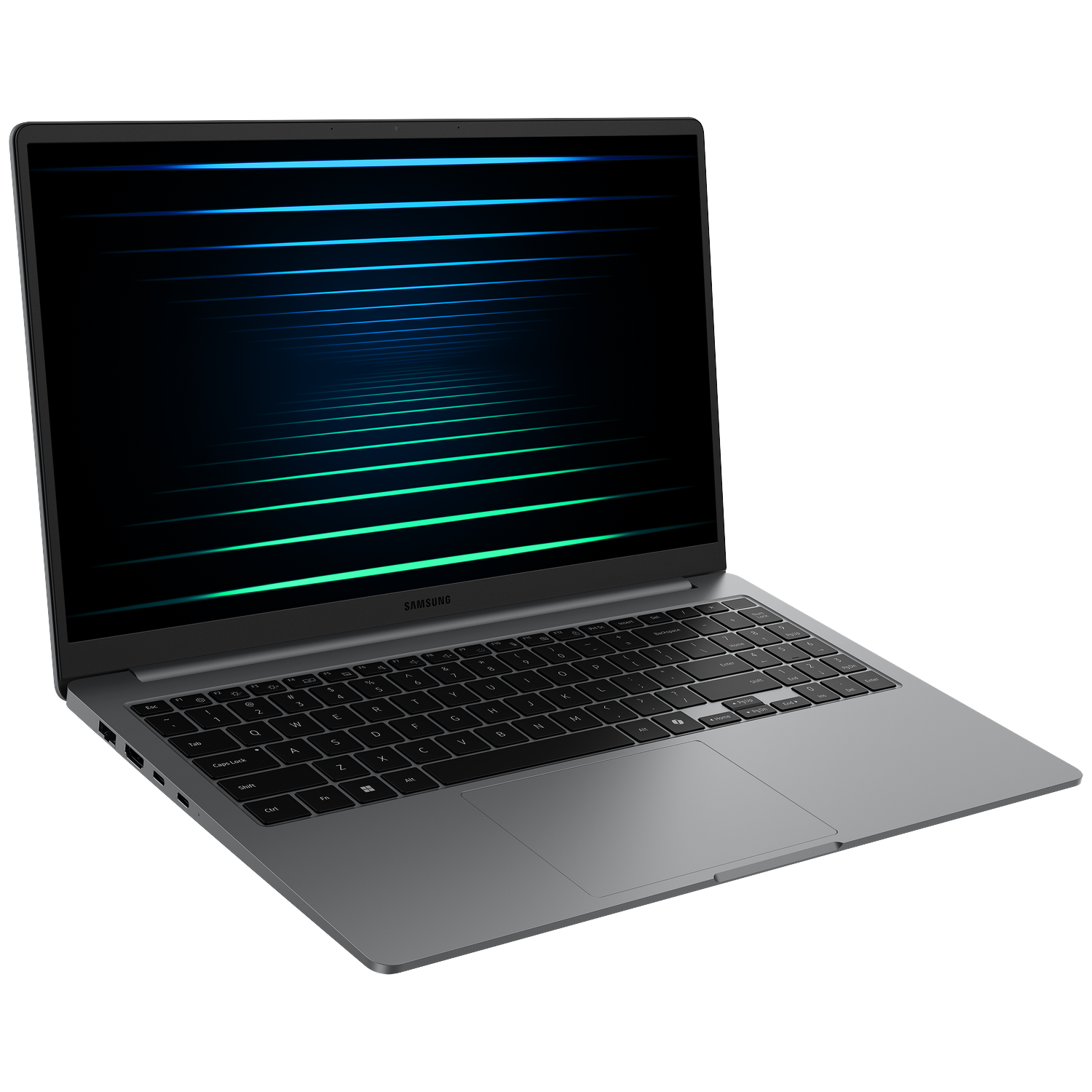 A gray Samsung laptop is angled slightly open. The screen displays blue and green lines. The keyboard is visible.