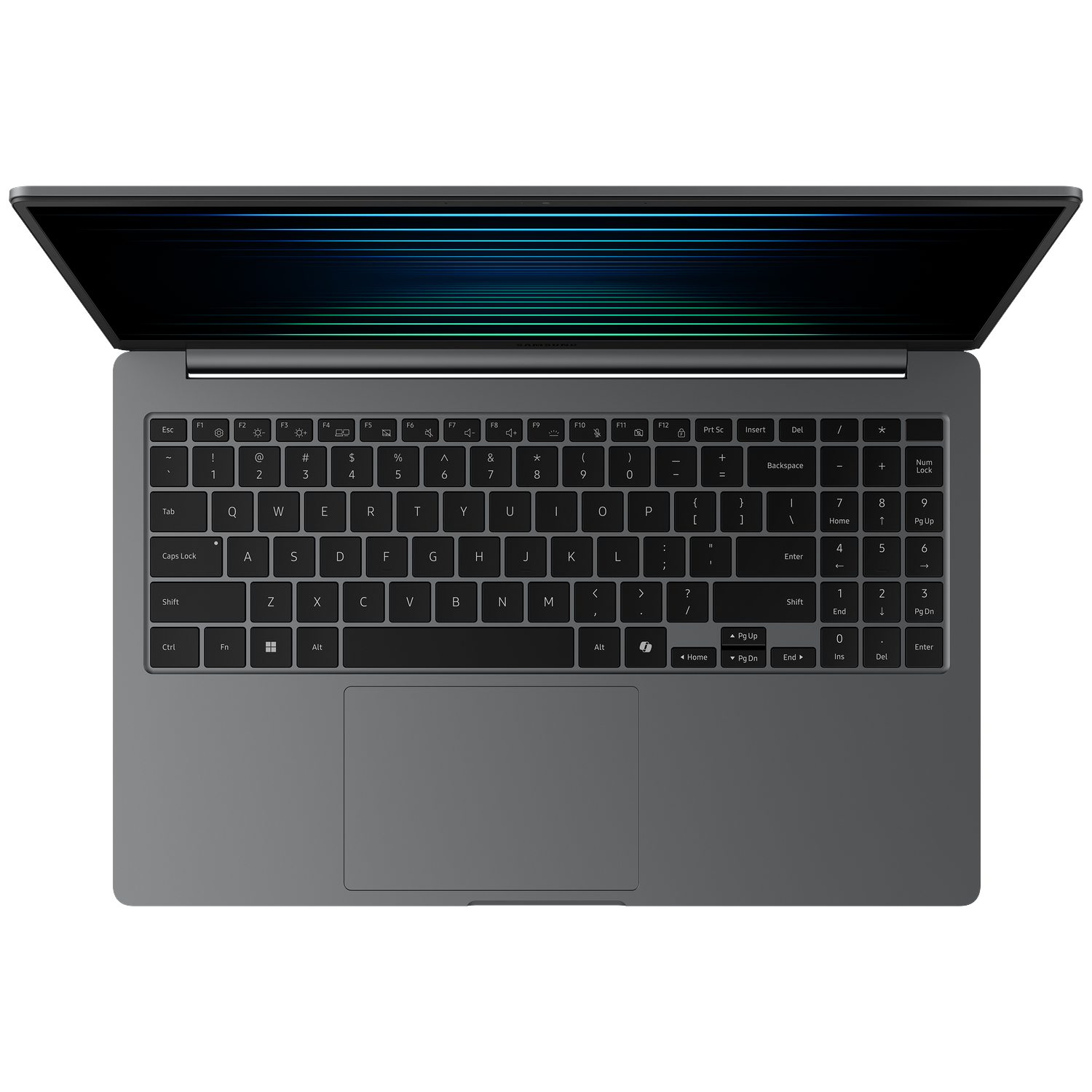 Top-down view of a grey laptop. The screen is open, displaying blue and green lines. Keyboard and touchpad are visible.