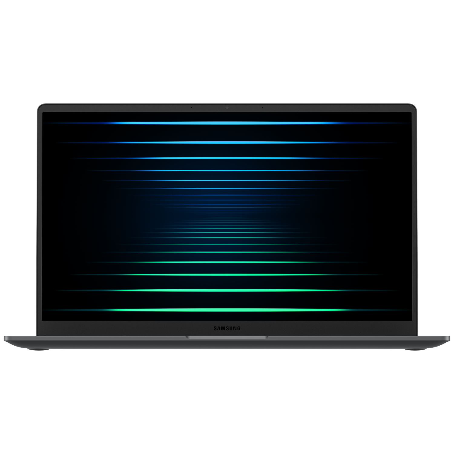 A Samsung laptop displays a dark screen with blue and green horizontal lines. The laptop is dark gray, and the background is white.