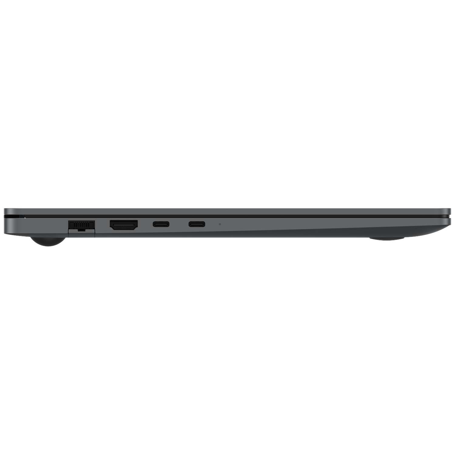 Side view of a dark gray laptop. Ports include USB, HDMI, and USB-C. The laptop is closed and sits against a white background.