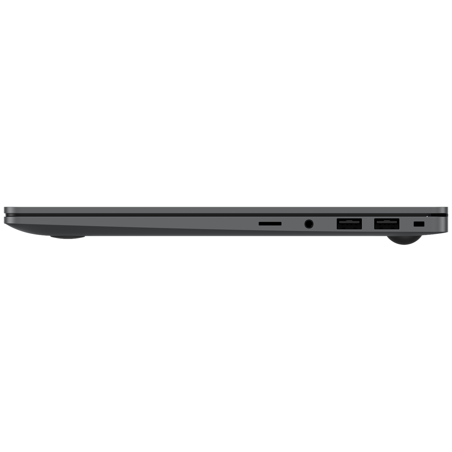 Side view of a dark gray laptop. Ports include a microSD slot, headphone jack, USB ports, and a power port. The laptop is closed.