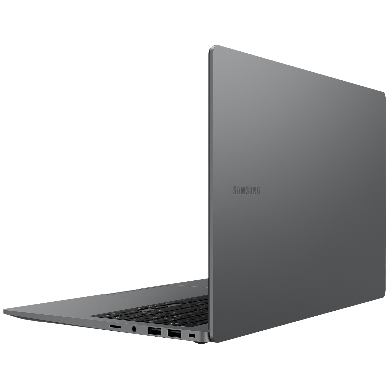 A gray Samsung laptop is shown from a side view. The screen is open, revealing the keyboard and ports. The brand name is visible.