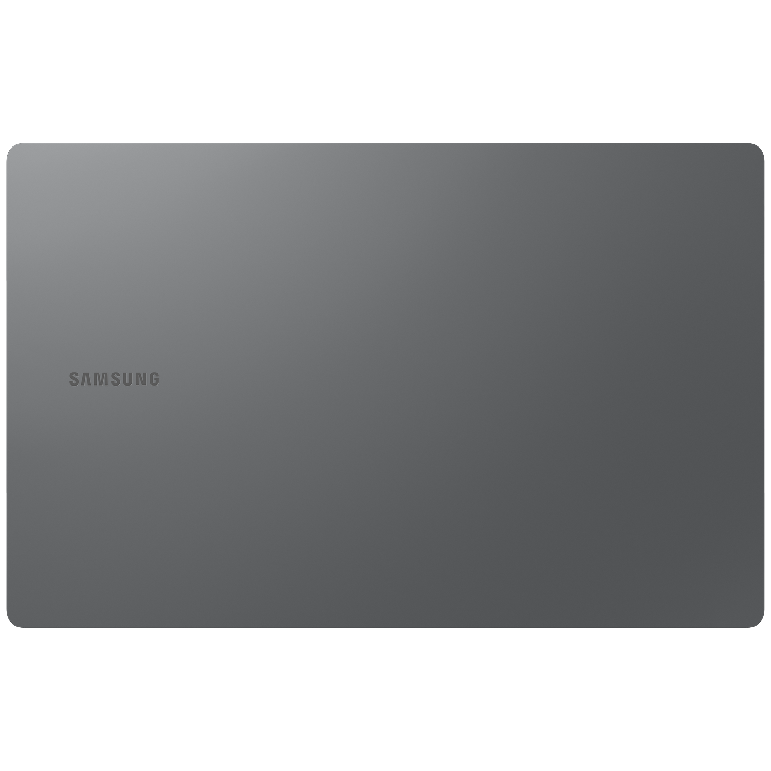 A gray tablet. The Samsung logo is at the bottom left. The tablet has rounded corners and a smooth surface.