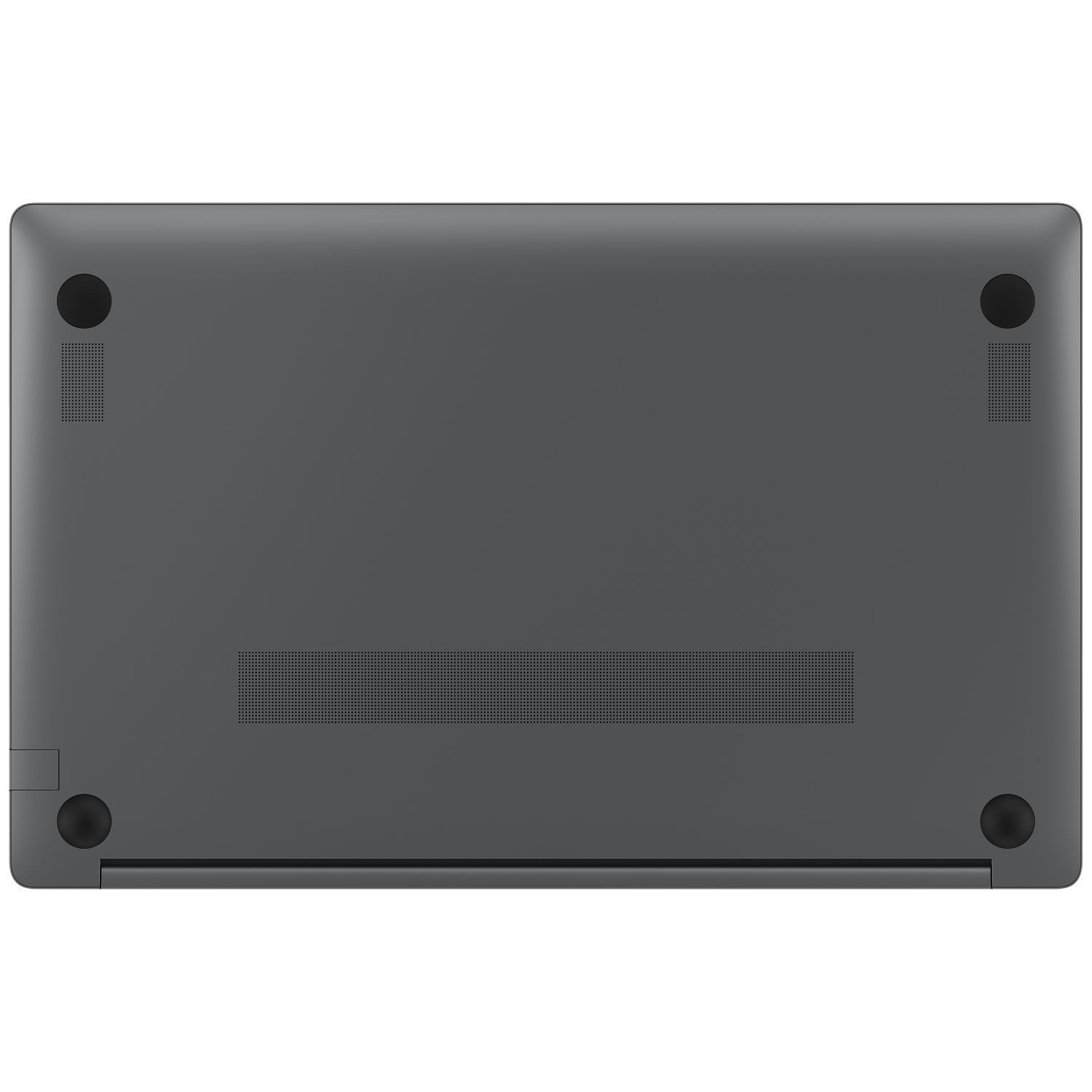 The underside of a gray laptop is shown. It has four black feet and ventilation holes. A small part of the hinge is visible.