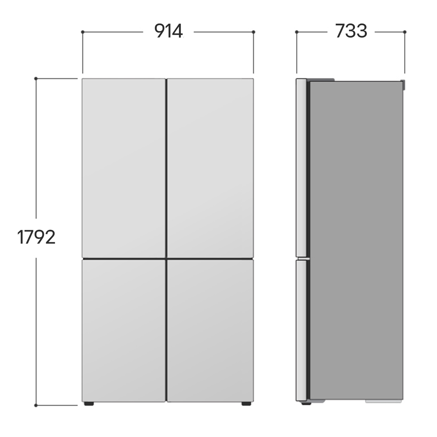 Un frigorifero bianco con quattro ante, dimensioni 914x1792x733 mm. La vista laterale mostra il corpo grigio e i bordi neri.