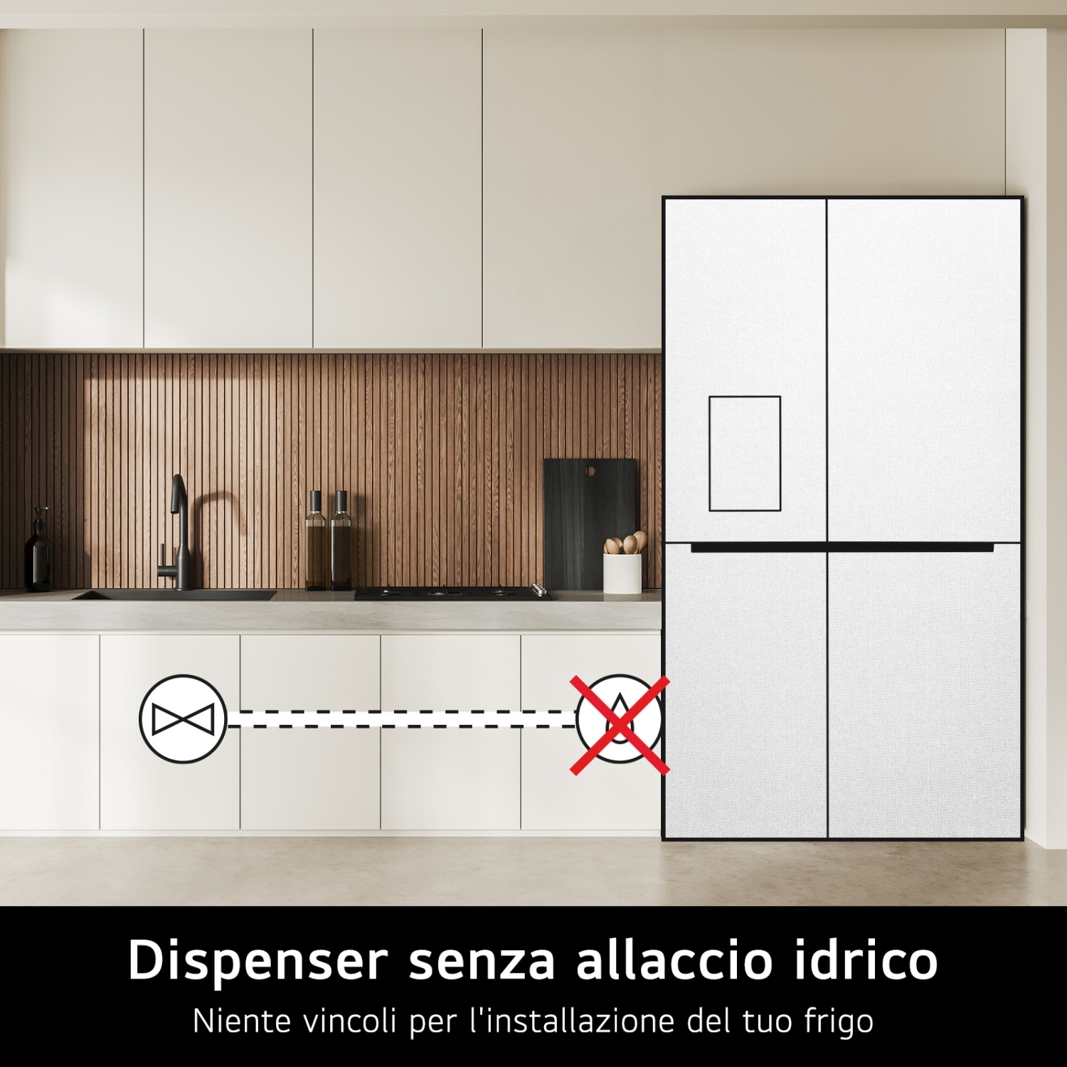 Una cucina con mobili bianchi, un frigorifero e un testo che indica un distributore d'acqua senza allacciamento idrico.