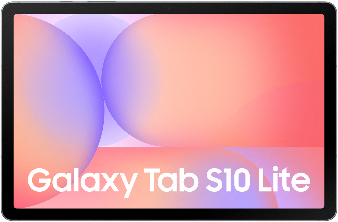 Une tablette avec un écran affichant un dégradé de couleurs, le texte 'Galaxy Tab S10 Lite' en bas.
