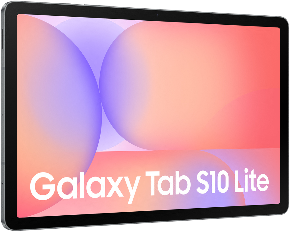 Une tablette avec les mots 'Galaxy Tab S10 Lite' sur l'écran. Le fond présente des formes roses et violettes floues.