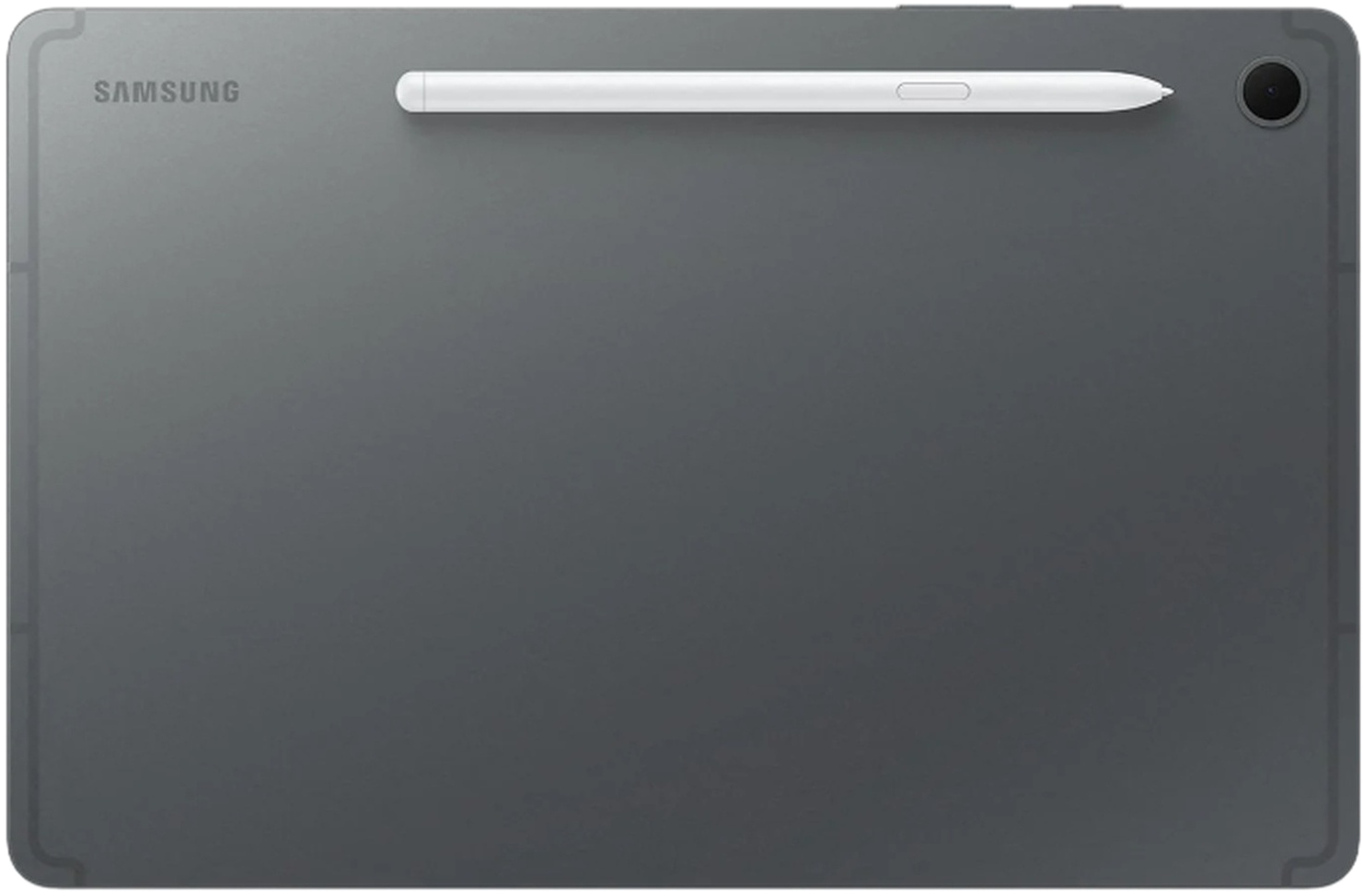 Une tablette Samsung grise avec un stylet blanc et une caméra. Le stylet est attaché. La surface de la tablette est lisse.