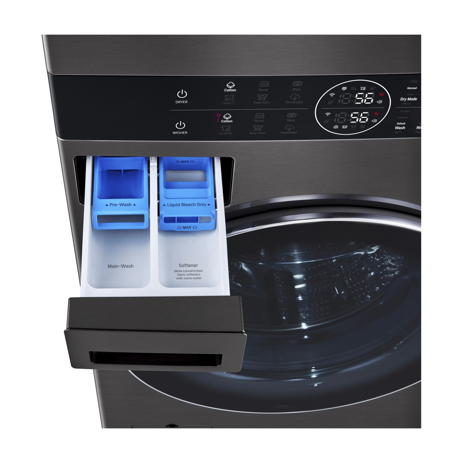 Dettaglio lavatrice: cassetto detersivo, pannello comandi con display, programmi e cestello scuro.