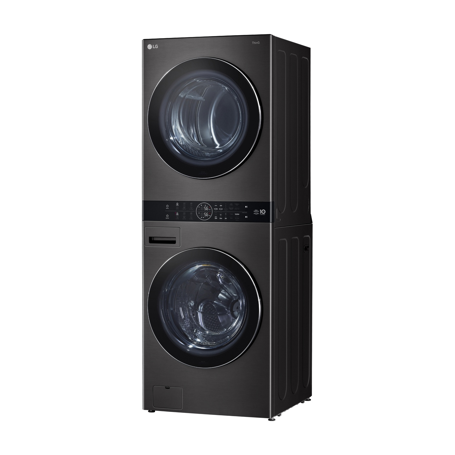 Un'unità lavatrice e asciugatrice impilata LG nera. Ognuna ha una porta rotonda e un pannello di controllo. Il logo LG è visibile in alto.