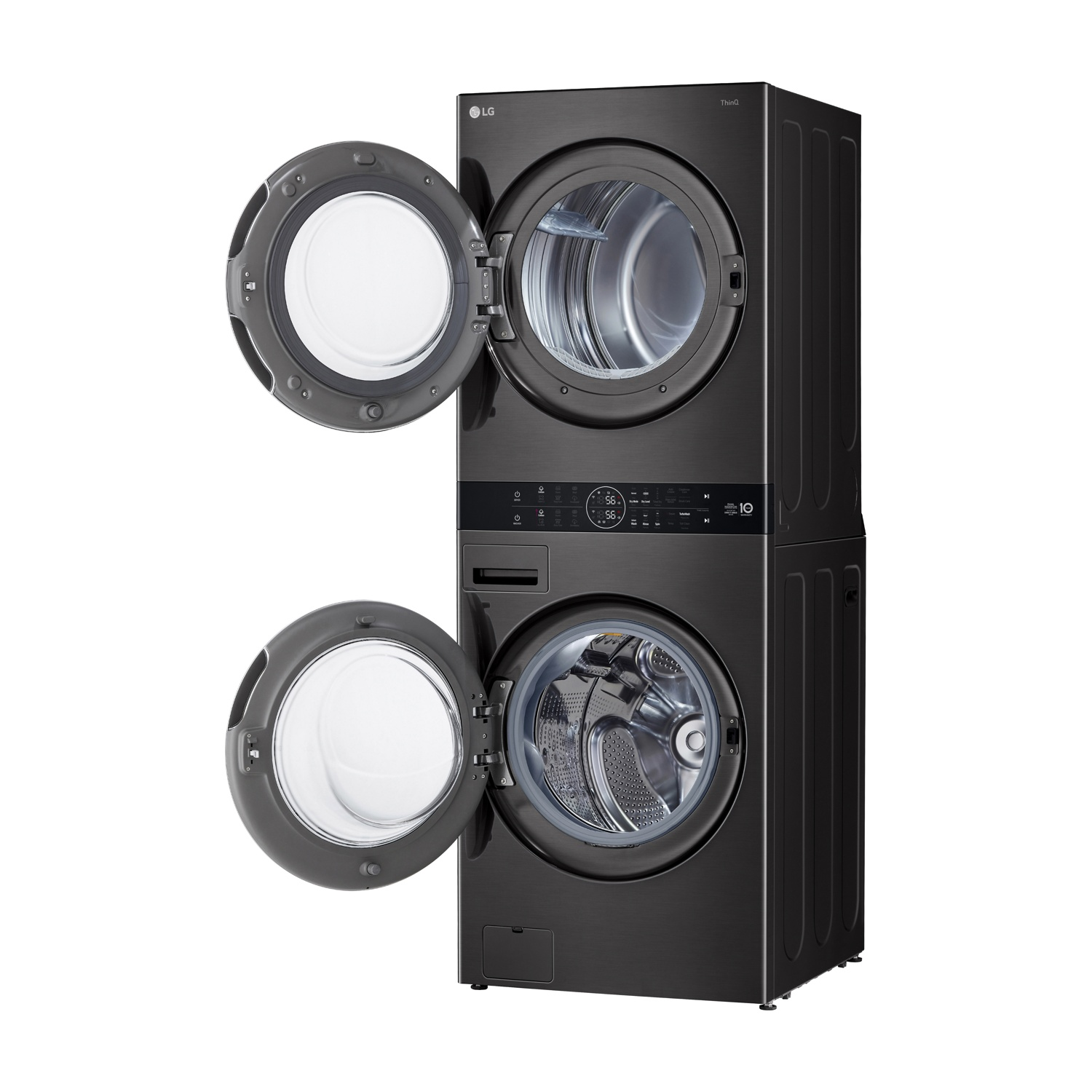 Una combinazione di lavatrice e asciugatrice LG nera. Entrambe le porte sono aperte, rivelando gli interni. La macchina è su sfondo bianco.