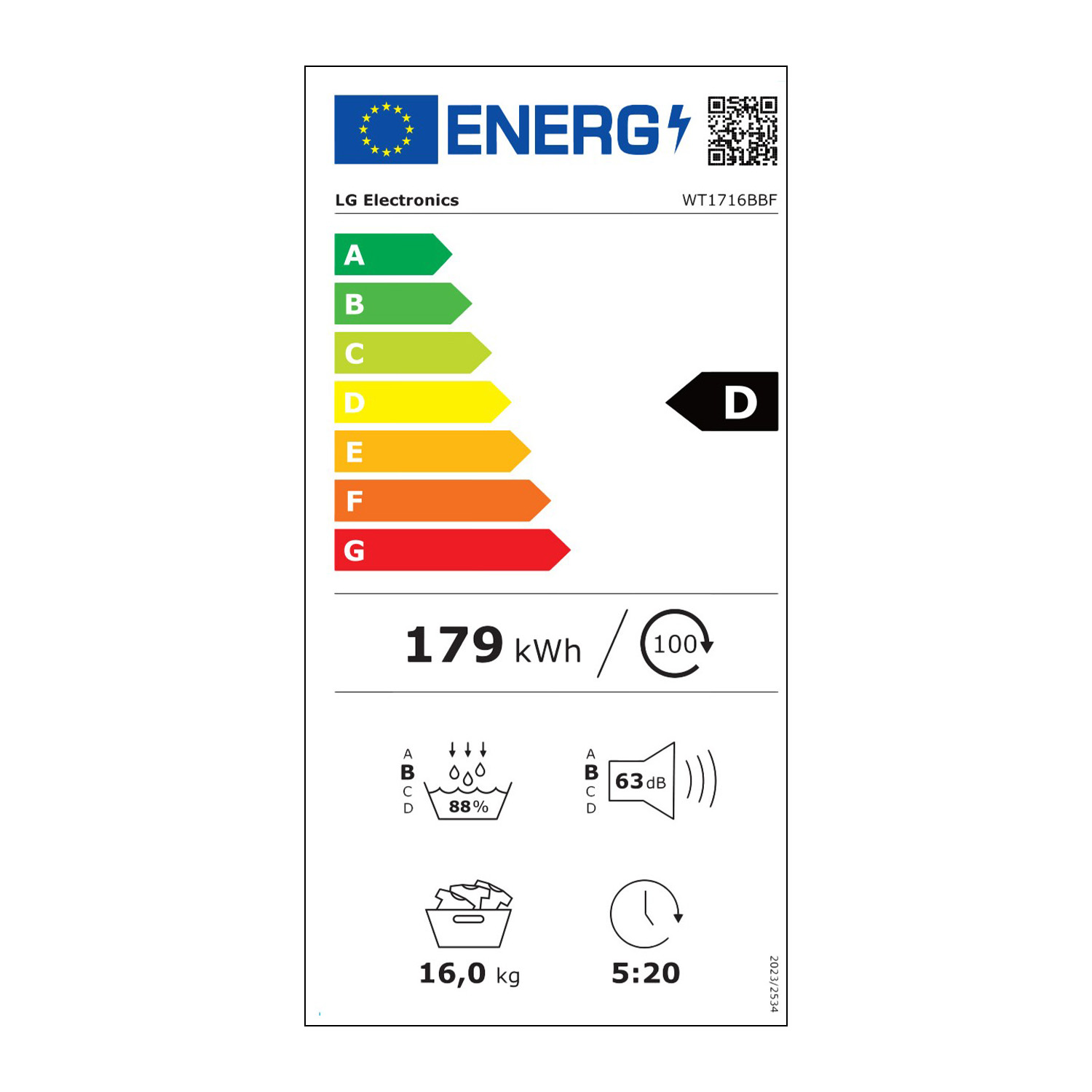 Etichetta energetica per lavatrice. Mostra efficienza energetica, consumo, utilizzo acqua, livello rumore e tempo di lavaggio.