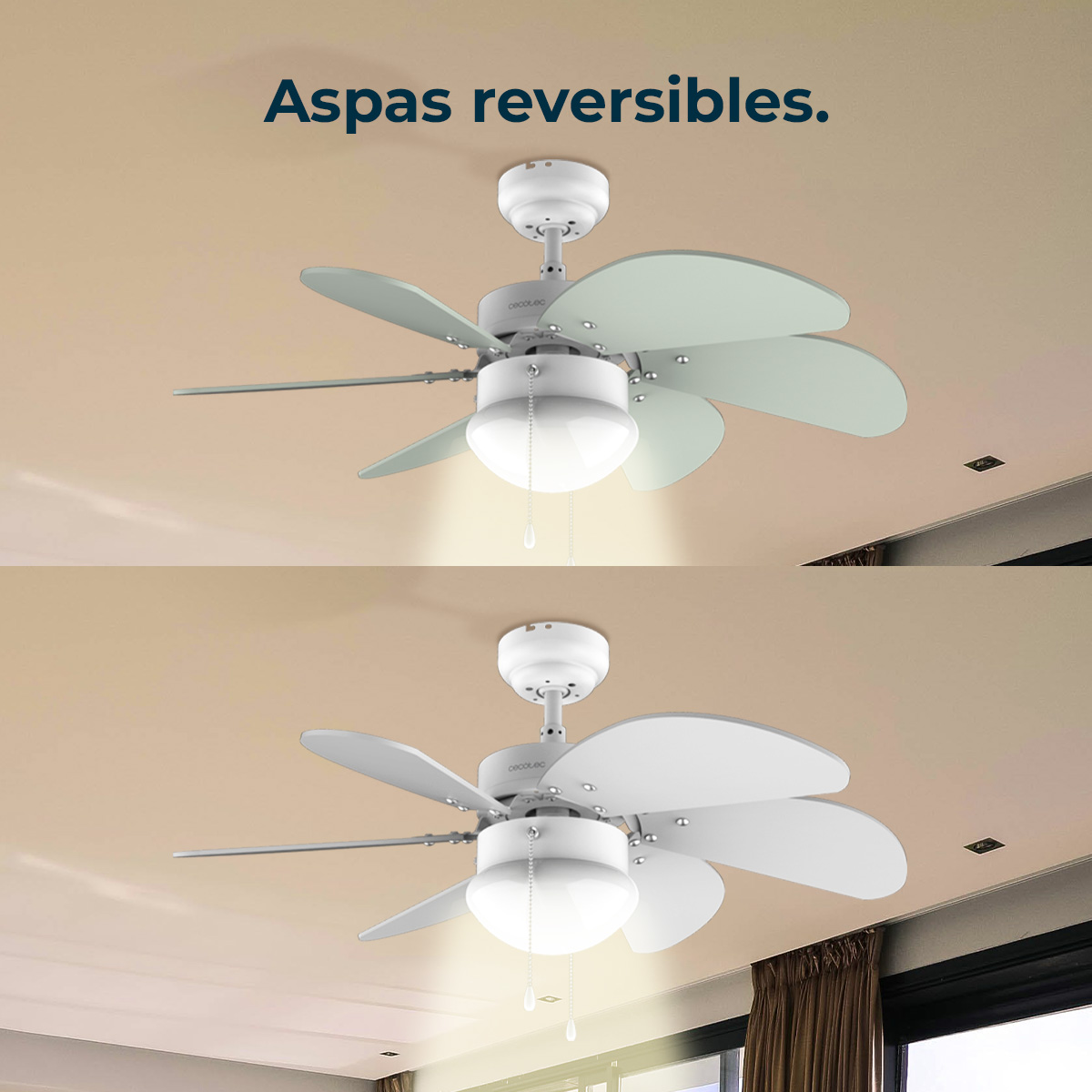 Dos ventiladores de techo con aspas reversibles. Uno tiene aspas verde claro, el otro blancas. Ambos tienen una lámpara central.