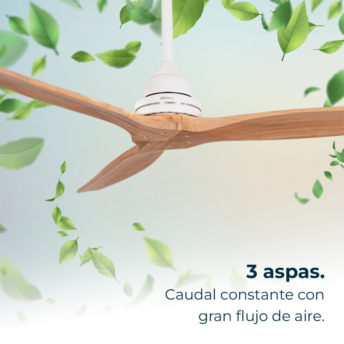 Un ventilador de techo de madera con tres aspas. Hojas verdes flotan. Texto: '3 aspas' y 'flujo de aire constante'.