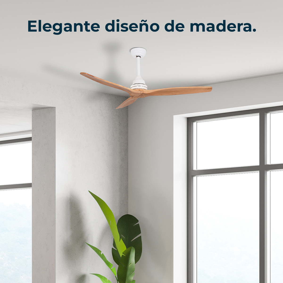 Un ventilador de techo blanco con tres aspas de madera está en una habitación con una ventana y una planta.
