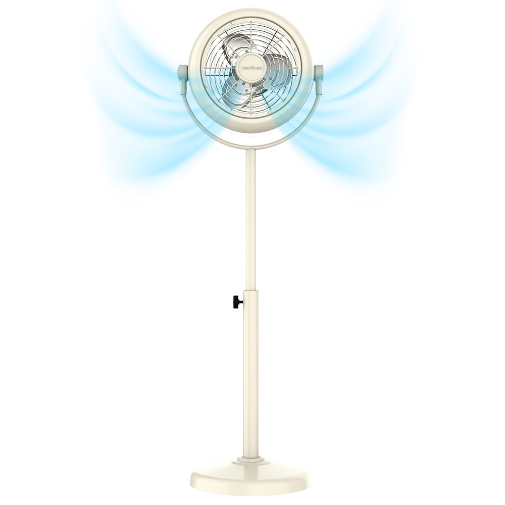 Un ventilador de pie beige de estilo retro con cabezal circular, sobre un poste alto y ajustable y una base redonda. El fondo es blanco.