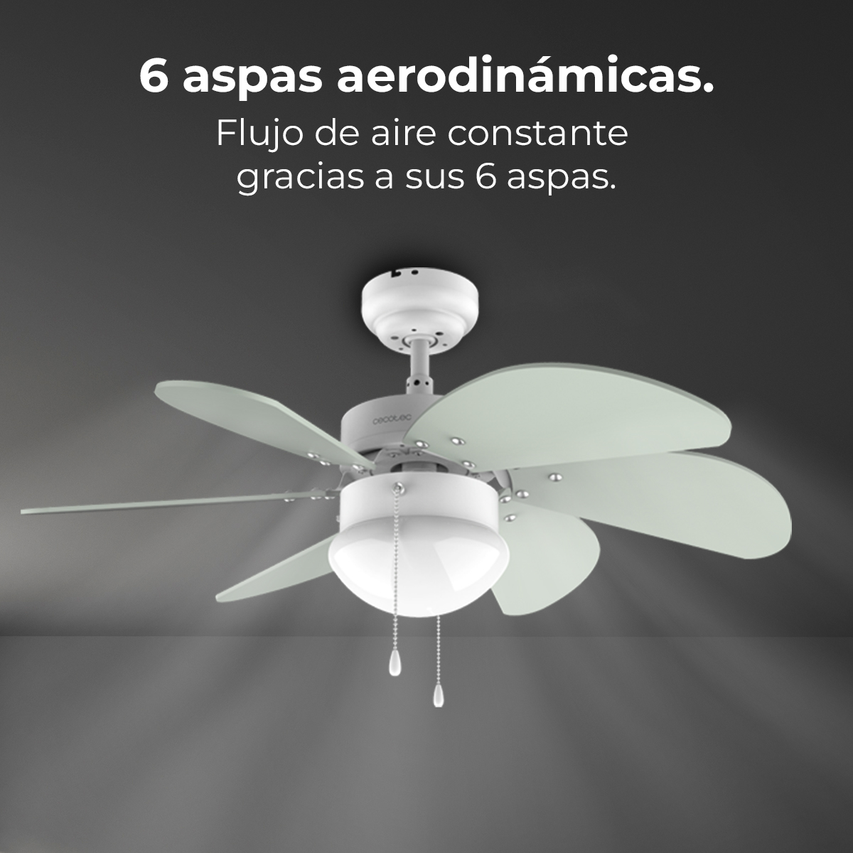 Se muestra un ventilador de techo blanco con seis aspas. Tiene una luz y una cadena. El fondo es gris oscuro.