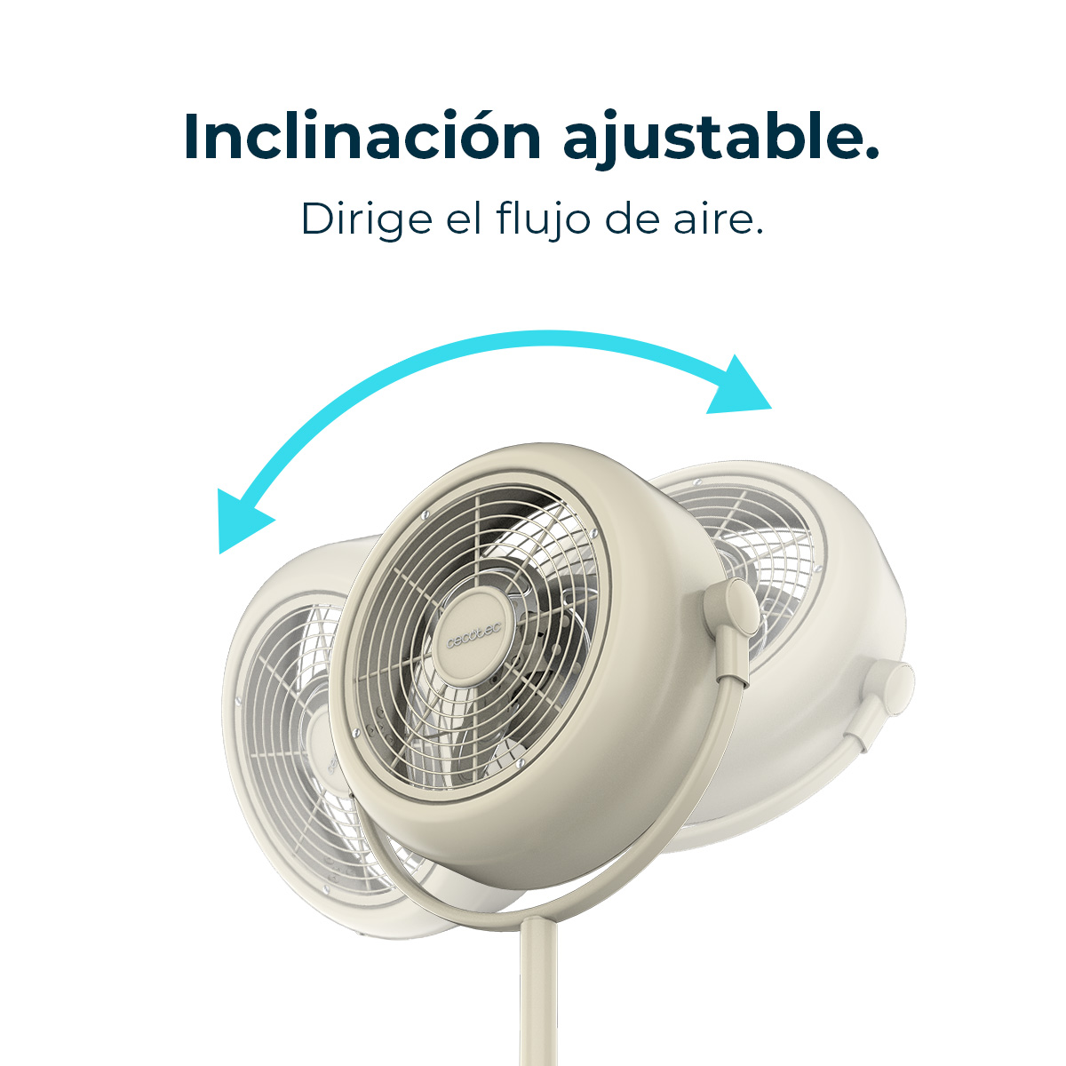 La imagen muestra un ventilador ajustable con una flecha curva que indica el rango de movimiento. El ventilador es beige y tiene un soporte.