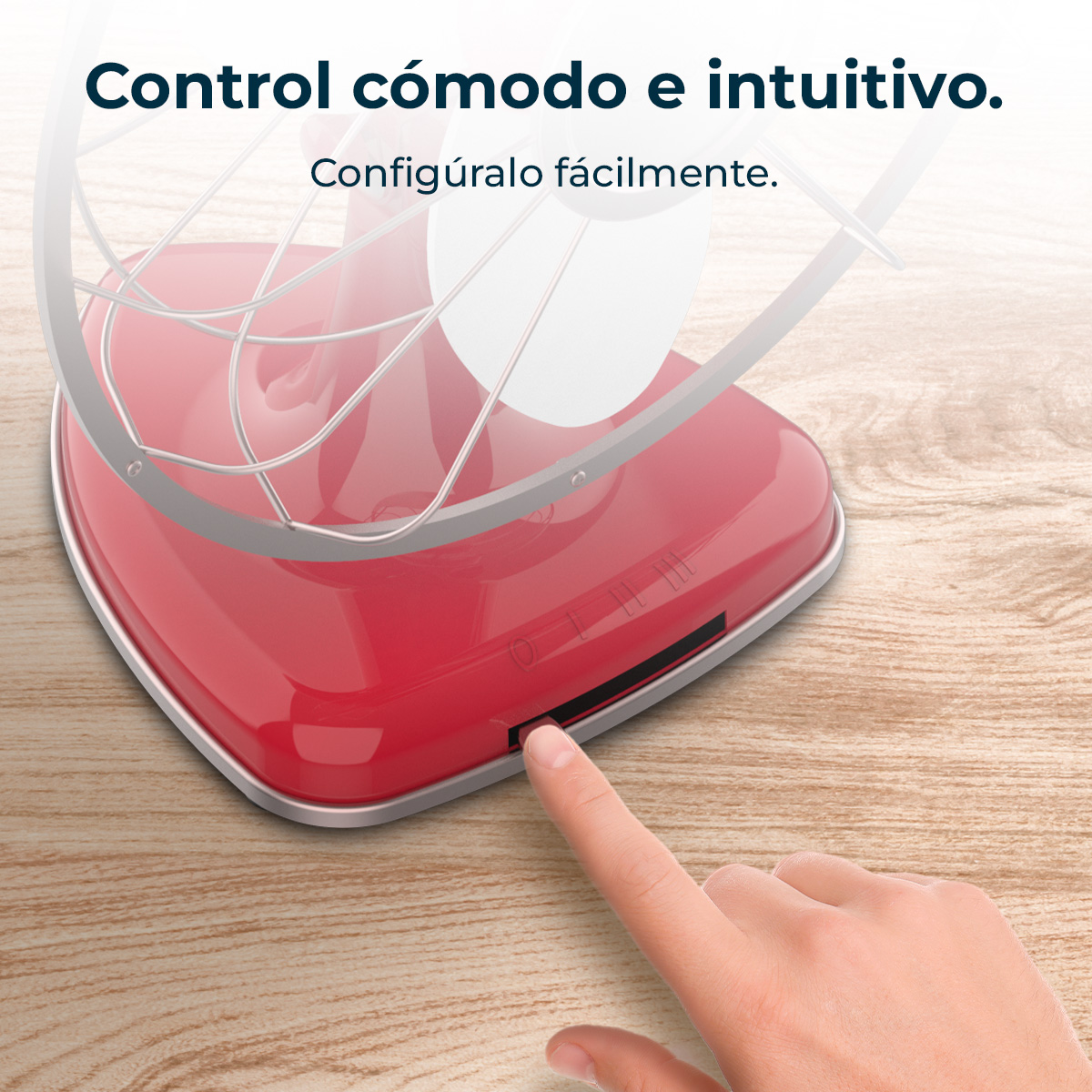 Una mano toca una batidora roja sobre una superficie de madera. Texto: Control cómodo e intuitivo. Configúrelo fácilmente.